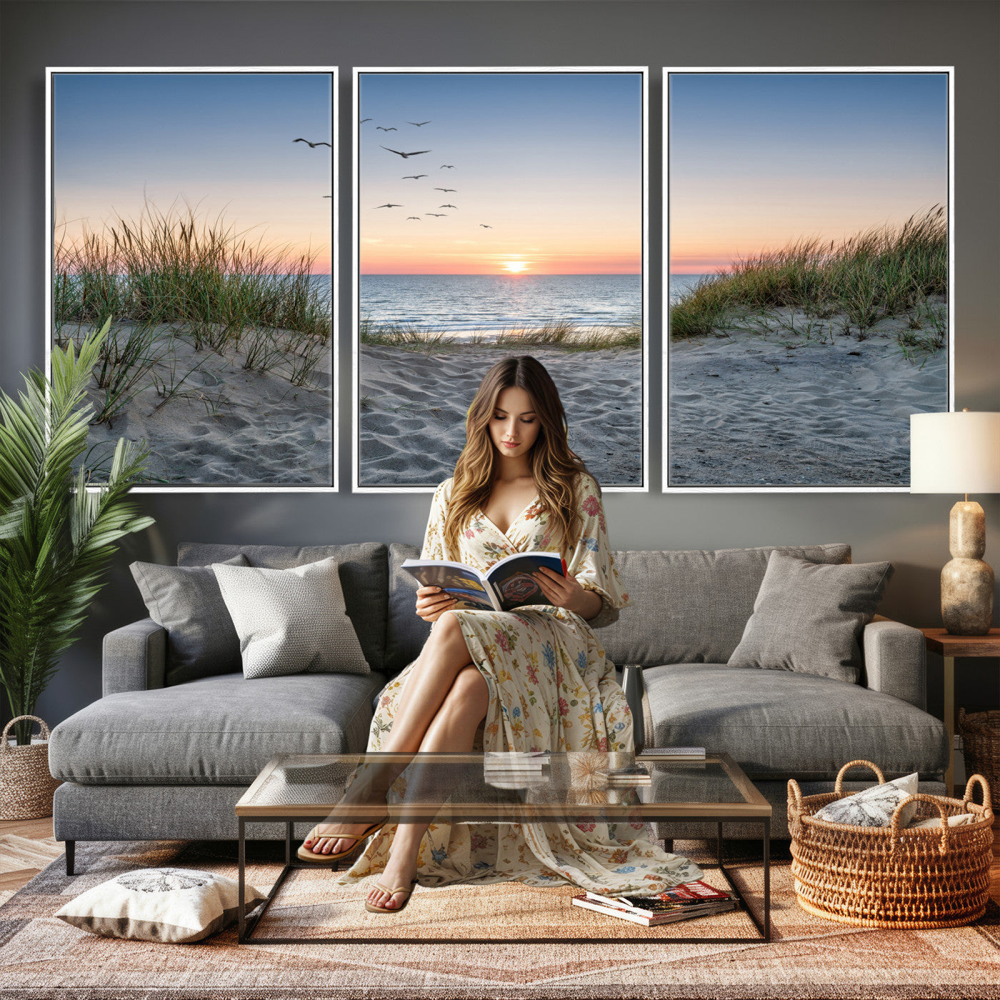 12172032-MGV-CV-36X24 - Sandy Dune Path Sunset Canvas Wall Art — Seagulls Beach Ocean Photography Print | Coastal Home Decor | Nautical Wall Art | Beach House Gift