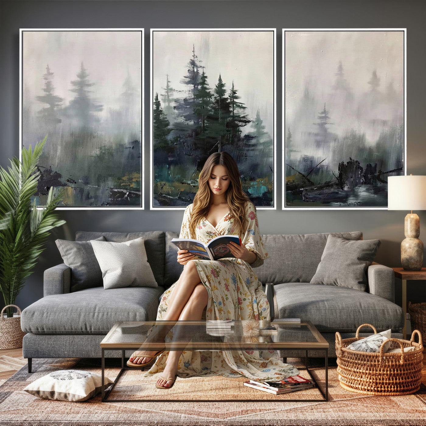 94143325-MGV-CV-36X24 - Misty Pine Forest Oil Painting Canvas — Dark Moody Teal Grey Tree Print | Japandi Scandinavian Wall Art | Minimalist Nature Decor Gift