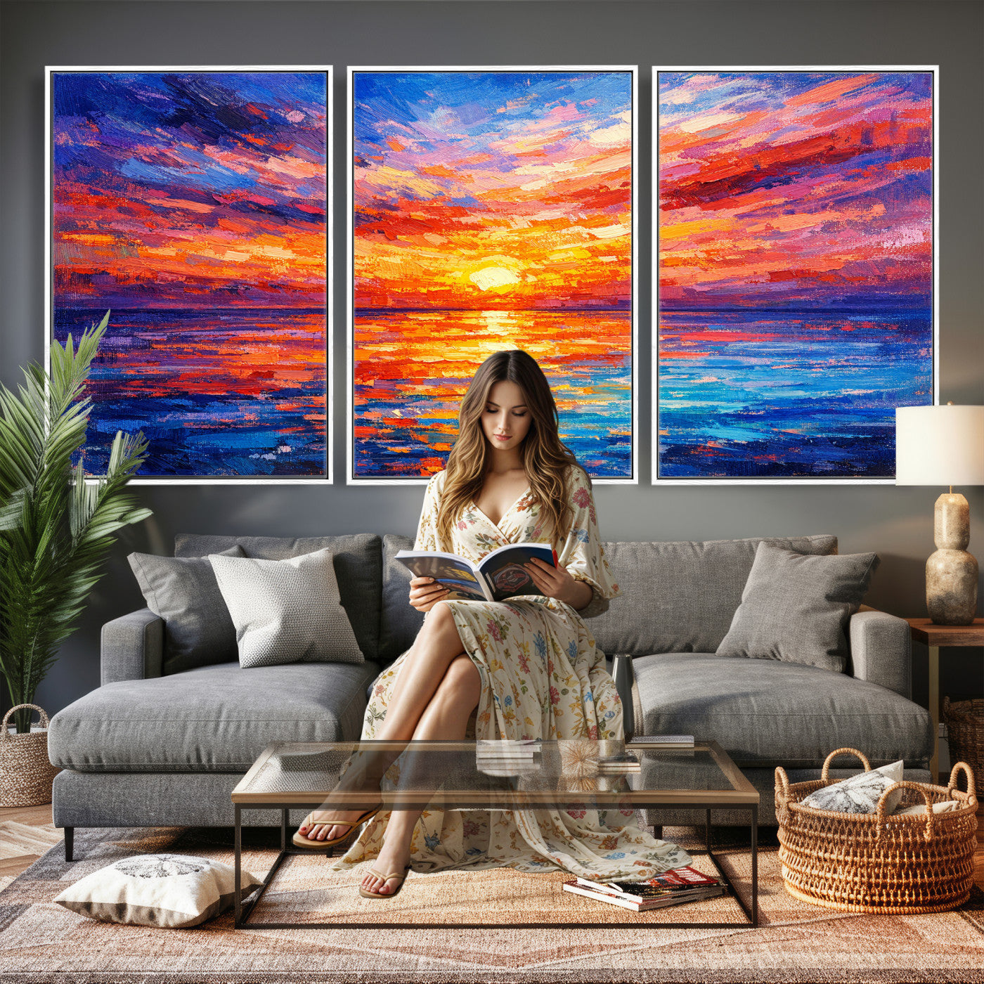 54915078-MGV-CV-36X24 - Colorful Knife Ocean Sunset Canvas — Orange Pink Teal Expressionist Sea Print | Colorful Coastal Wall Art | Vibrant Beach Decor Gift