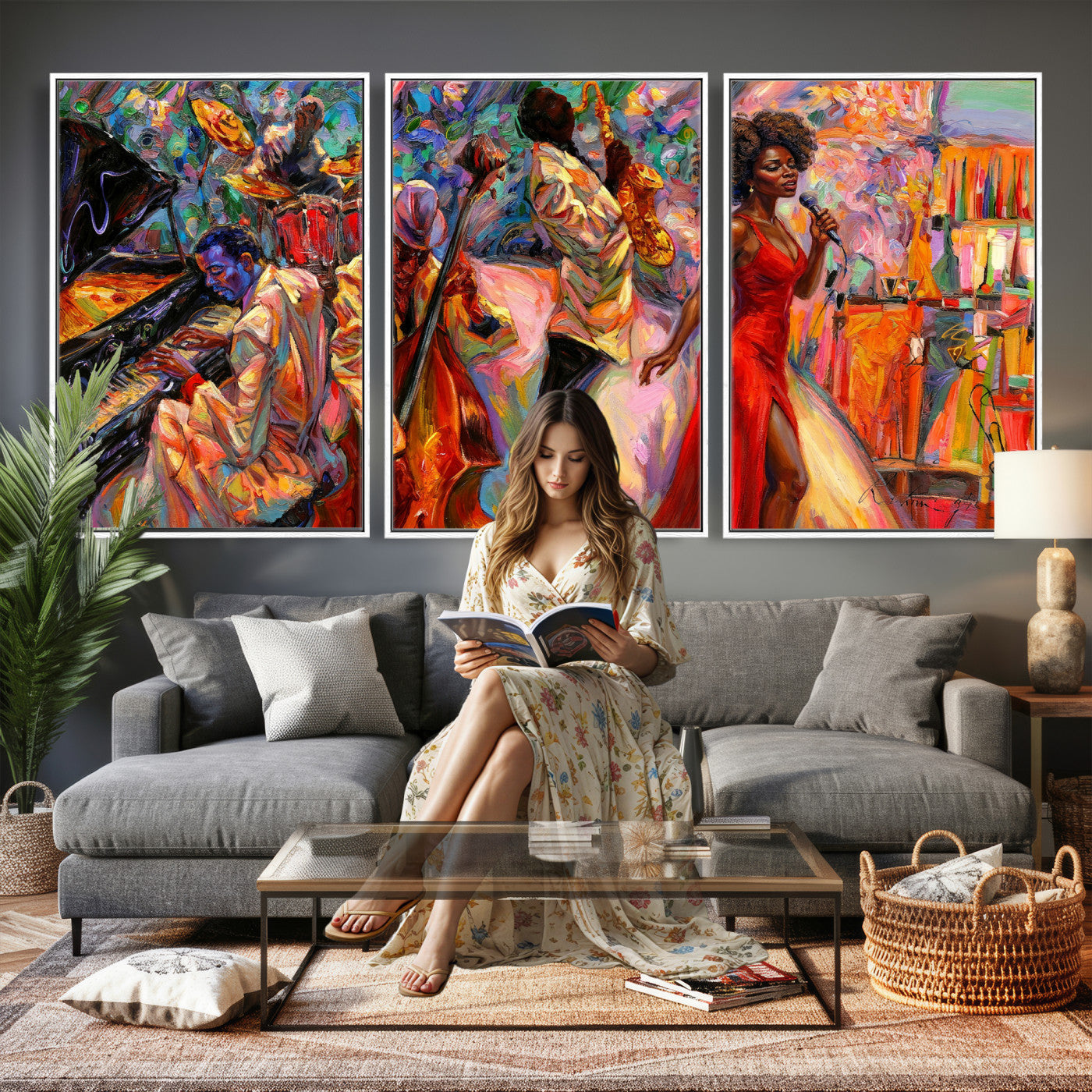 72615137-MGV-CV-36X24 - African American Jazz Singer Canvas Art - Red Dress Black Woman Music Print | Colorful Jazz Band Wall Decor | Living Room Gift for Her