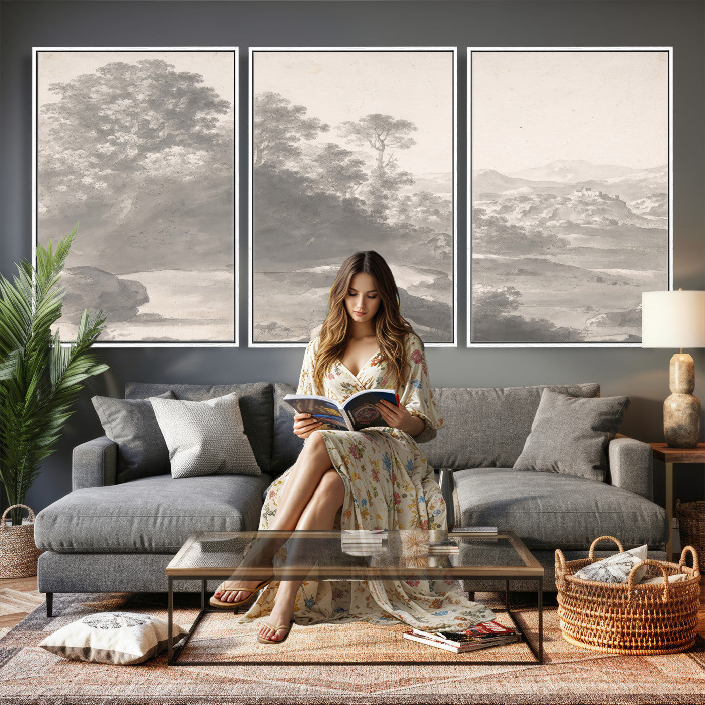 33041209-MGV-CV-36X24 - Van Poelenburch Landscape Canvas Wall Art — Dutch Golden Age Gray Wash Drawing Print | Baroque Italianate Nature Decor | Old Master Classic Gift