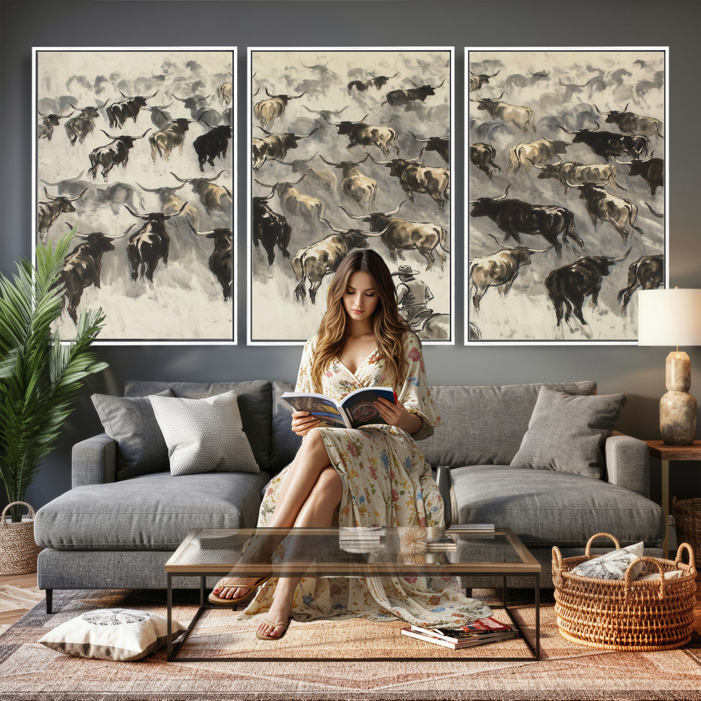 48049876-MGV-CV-36X24 - Cowboy Cattle Drive Canvas Wall Art, Western Longhorn Herd Ink Painting Print, Ranch Rodeo Decor, Black White Western Art, Large Living Room Art