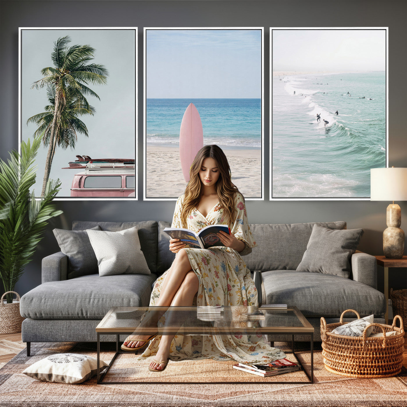 39028765-MGV-CV-60X30-3P - Surf Canvas Wall Art Set, Pink Surfboard VW Van Palm Tree Triptych, Beach House Coastal Decor, Pastel Ocean Photography Print, Boho Surf Decor