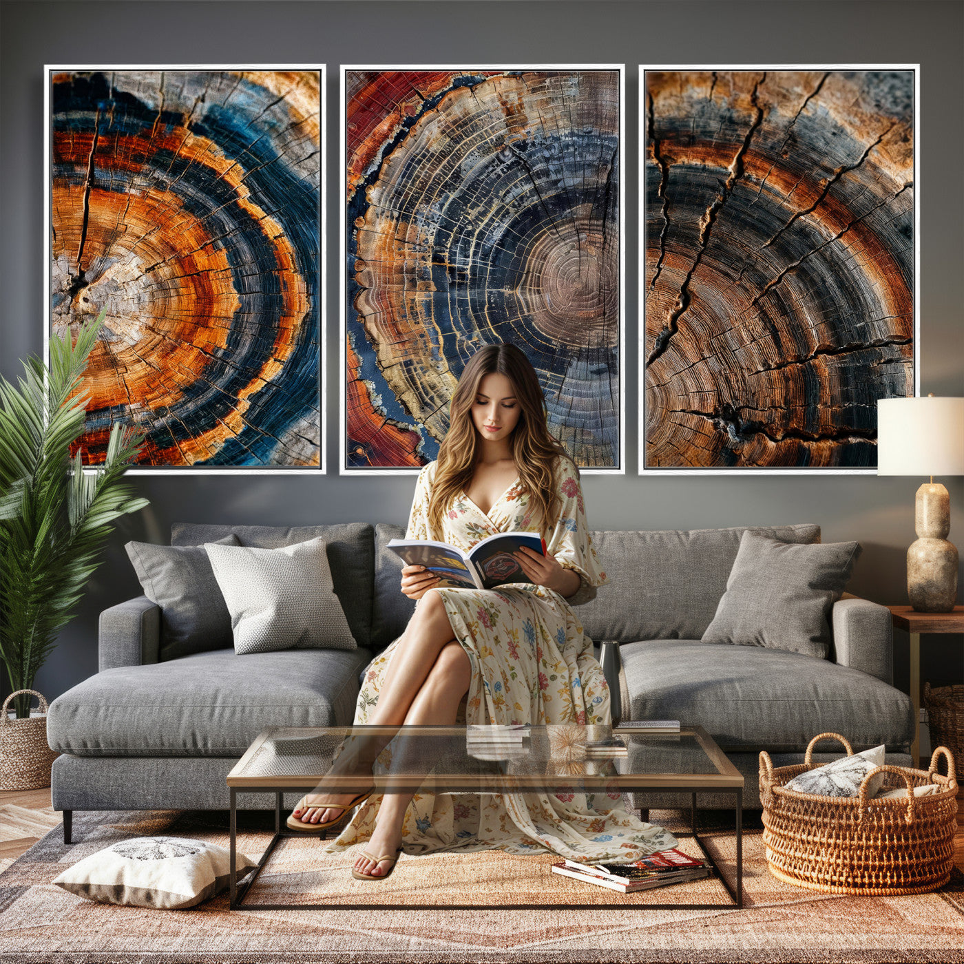 53873594-MGV-CV-60X30-3P - Tree Ring Canvas Wall Art, Wood Cross Section Triptych Print, Rustic Nature Abstract Decor, Earthy Boho Wall Art, Modern Farmhouse Living Room