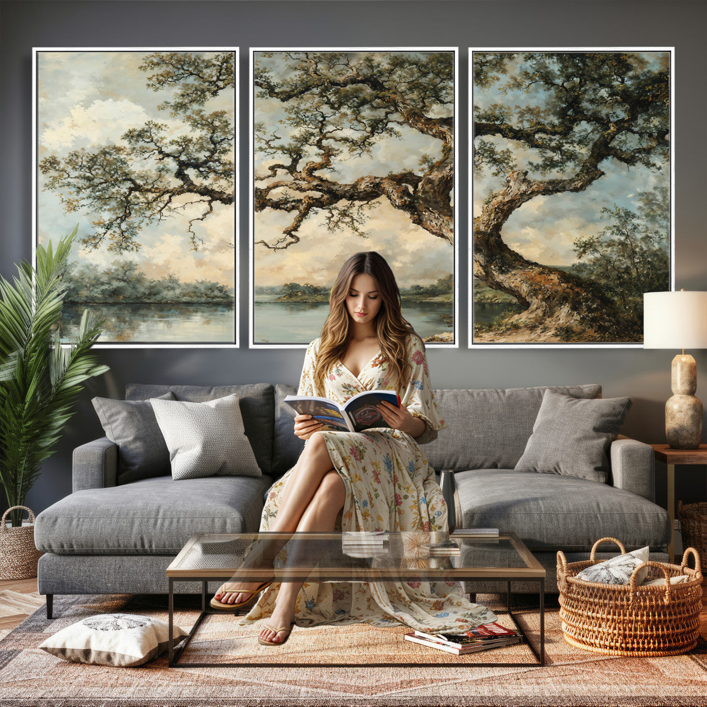 63857726-MGV-CV-36X24 - Old Oak Tree Canvas Wall Art, Turner Inspired Romantic Landscape Print, Vintage Nature Painting, Living Room Wall Decor, Antique Style Tree Art