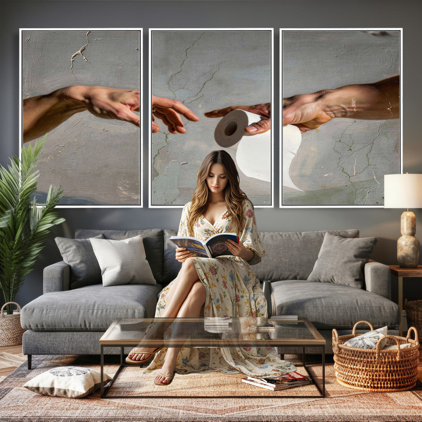 72030048-MGV-CV-36X24 - Funny Bathroom Wall Art Canvas, Creation of Toilet Paper Parody Print, Renaissance Humor Decor, Toilet Room Art, Quirky Housewarming Gift, Classic Art Spoof