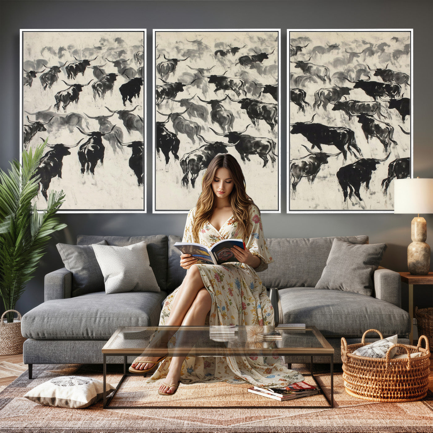 68669792-MGV-CV-36X24 - Longhorn Cattle Canvas Wall Art, Black White Stampede Ink Painting Print, Western Farmhouse Decor, Bull Herd Art, Large Living Room Wall Art, Ranch Home Decor