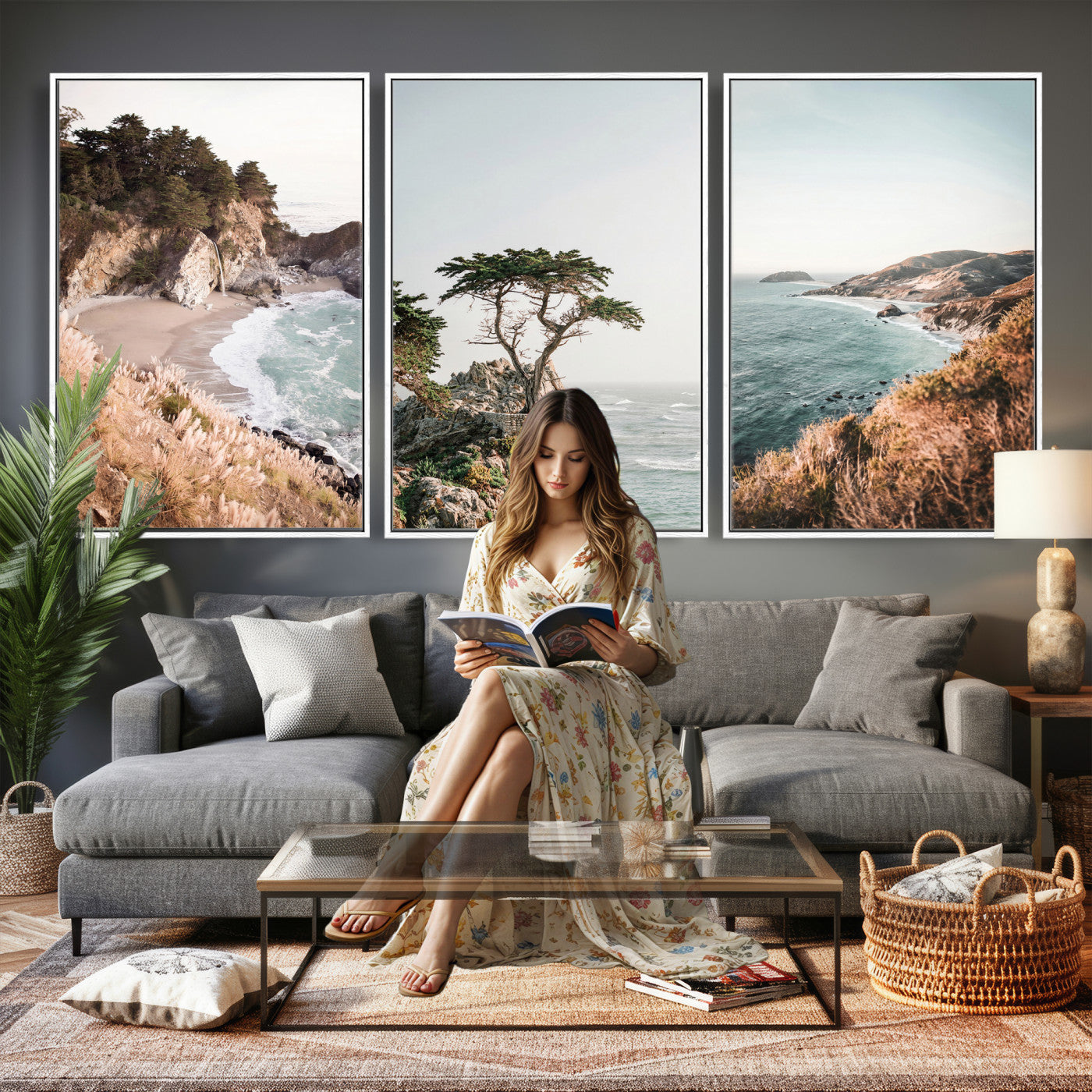 68839391G-MGV-CV-60X30-3P - California Coast Canvas Wall Art Set, Big Sur McWay Falls Lone Cypress Triptych Print, Coastal Photography Decor, Beach House Wall Art
