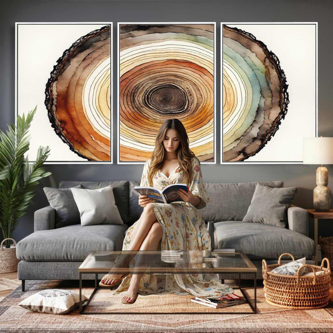 13719680-MGV-CV-36X24 - Natural Wood Slice Wall Art Canvas Print, Tree Ring Wall Art, Framed Abstract Nature Wall Decor, Earth Tone Statement Canvas Print