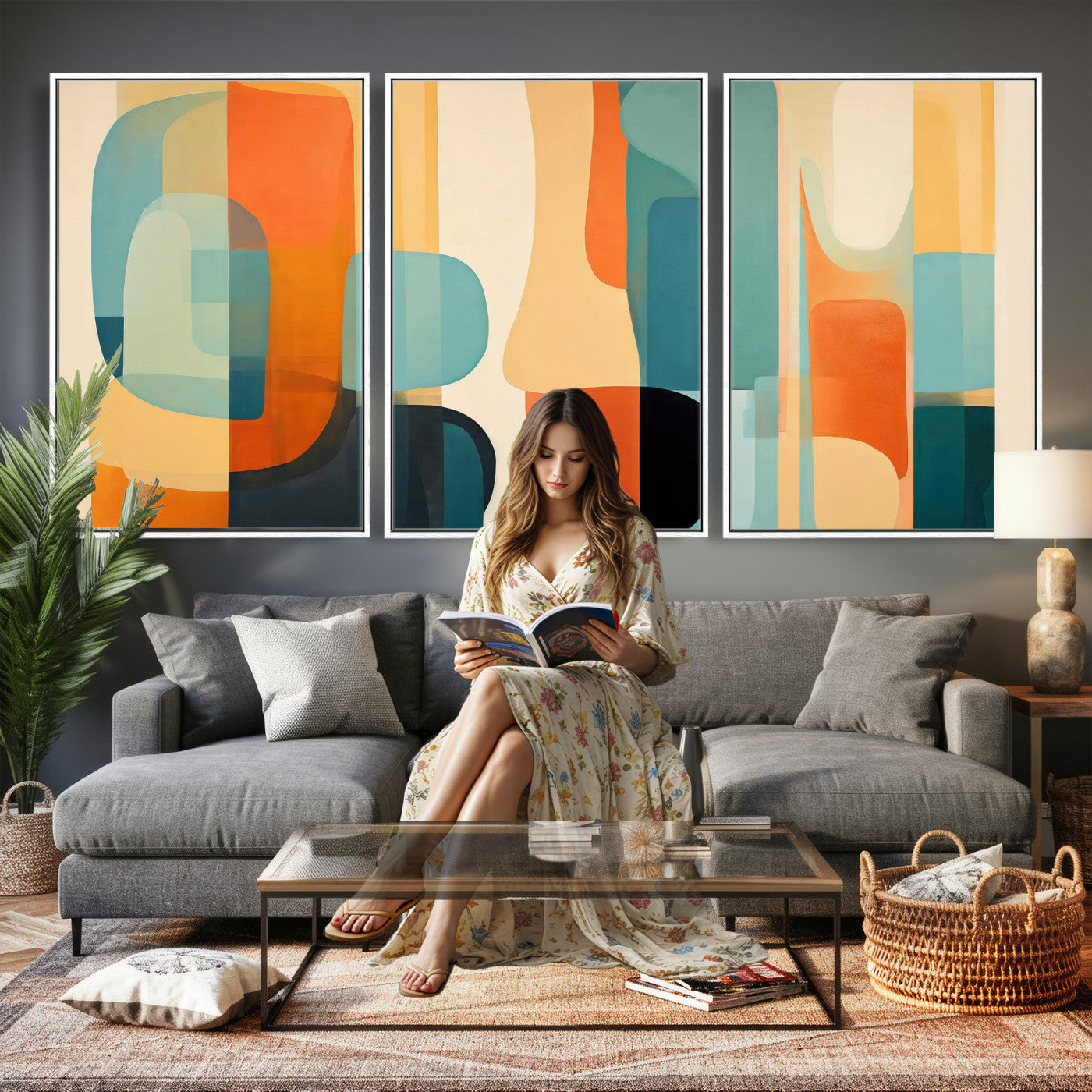 71488451-MGV-CV-60X30-3P - Abstract Geometric Wall Art Canvas Print, Mid Century Modern Wall Art, Abstract Wall Art Canvas Print for Living Room Bedroom Office