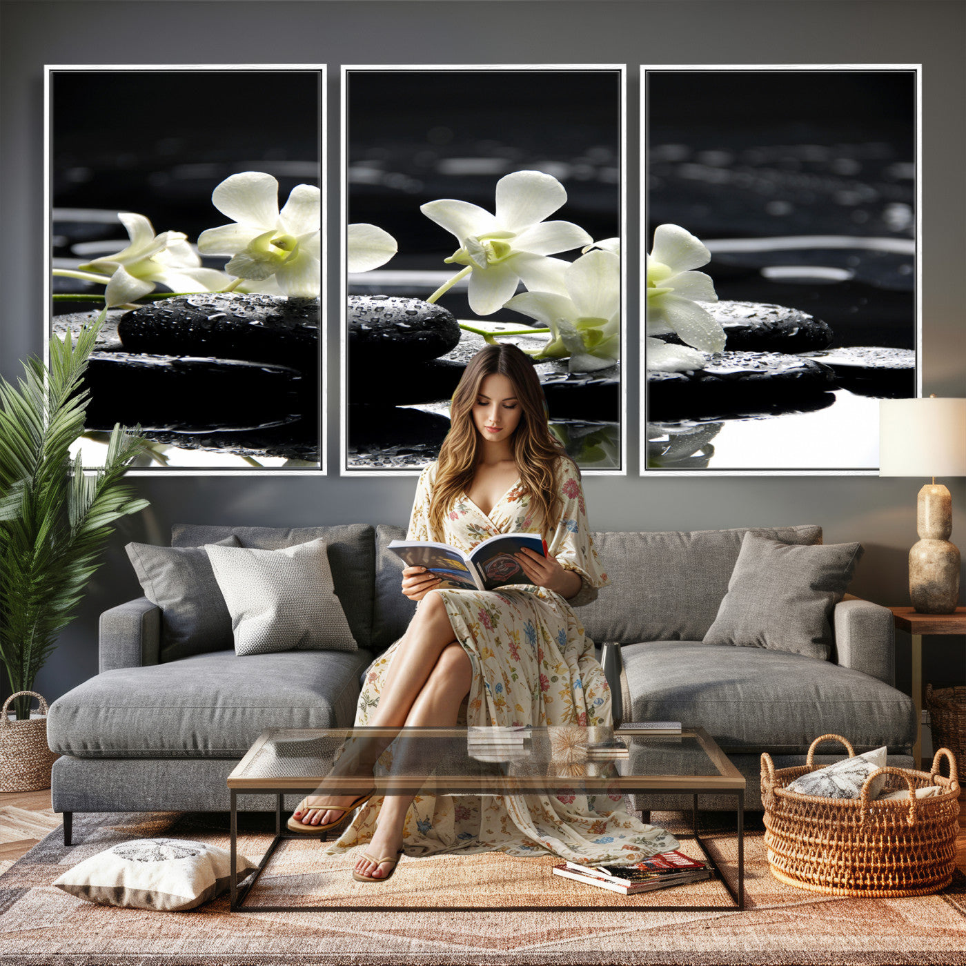 79486206-MGV-CV-36X24 - Plumeria Frangipani Black Stone Canvas | White Flower Spa Photography Print | Tropical Zen Wall Art | Grey Pebble Floral for Meditation Room Decor