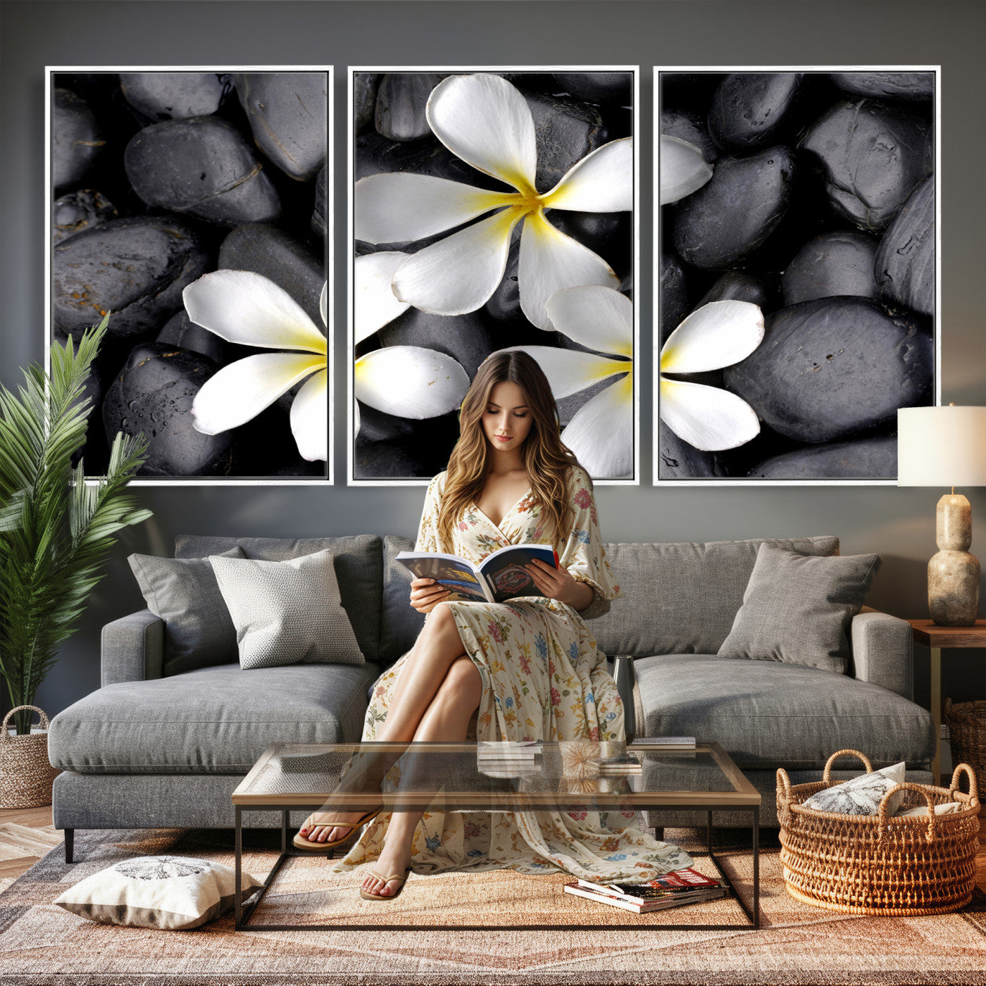 43639613-MGV-CV-36X24 - Plumeria Frangipani Black Stone Canvas | White Flower Spa Photography Print | Tropical Zen Wall Art | Grey Pebble Floral Decor