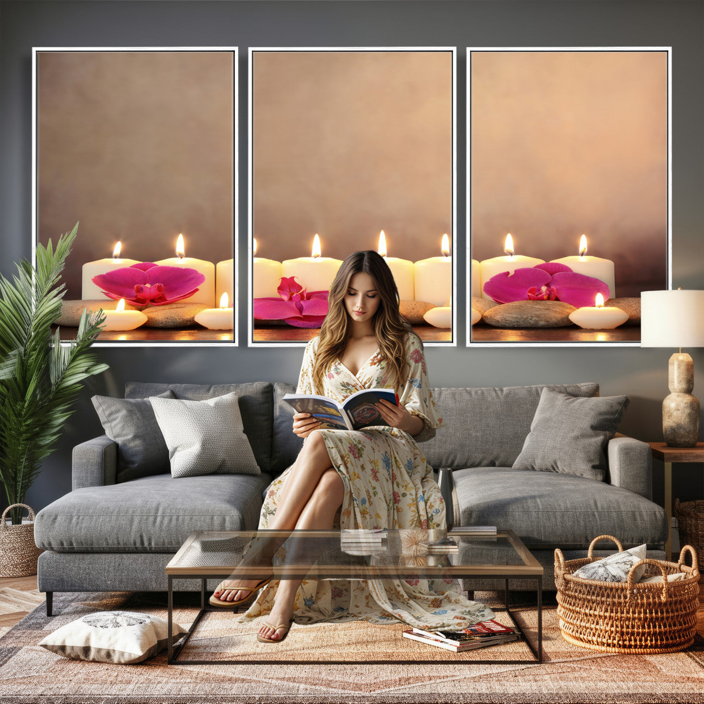 59470569-MGV-CV-36X24 - Spa Candles Orchid Canvas Print | Zen Wellness Relaxation Wall Art | Pink Flower Candlelight Bathroom Decor | Calm Beige Photography