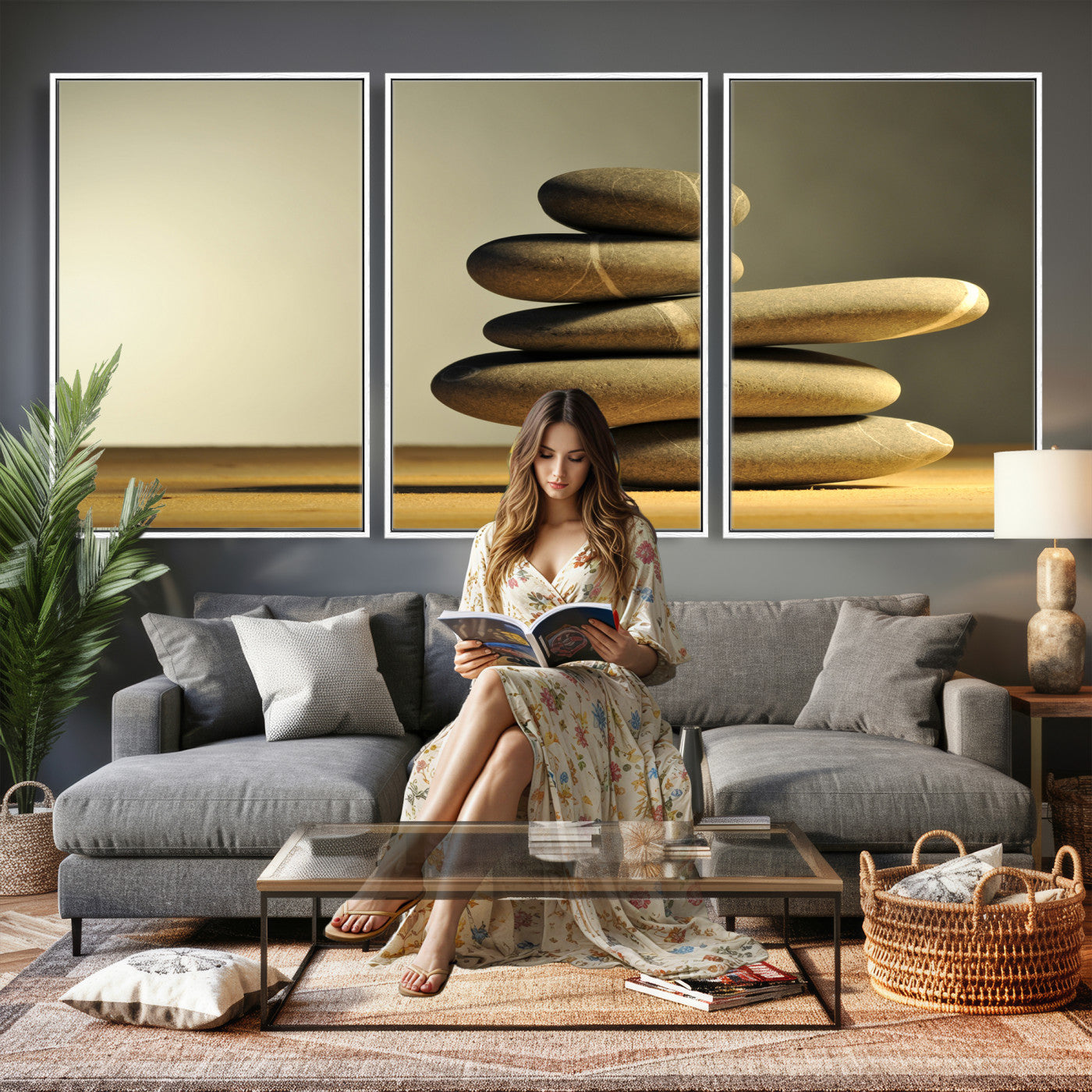 85424263-MGV-CV-36X24 - Zen Stone Wall Art Canvas Print, Balanced Rock Stack Framed Spa Artwork, Minimalist Meditation Decor for Living Room Bedroom Office Bathroom