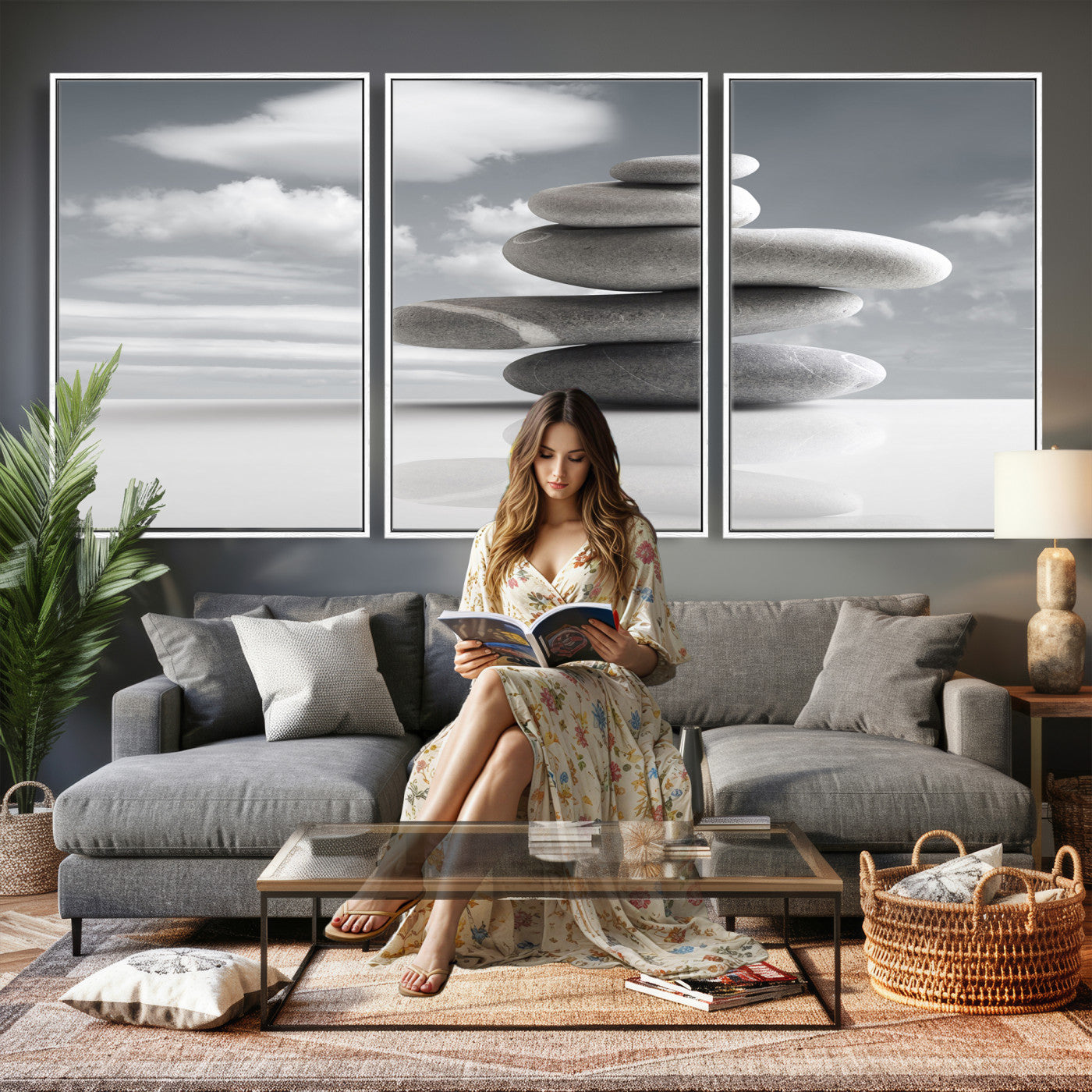 86426188-MGV-CV-36X24 - Zen Stone Wall Art Canvas Print, Balanced Rock Stack Framed Spa Artwork, Minimalist Meditation Decor for Living Room Bedroom Office Bathroom