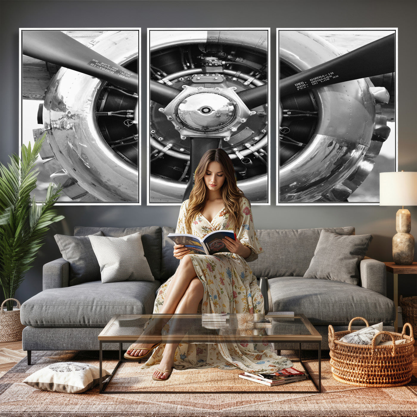 73322230-MGV-CV-36X24 - Vintage Propeller Plane Wall Art Canvas Print, Black and White Airplane Engine Close Up Framed Aviation Artwork for Pilot Office Hangar Decor