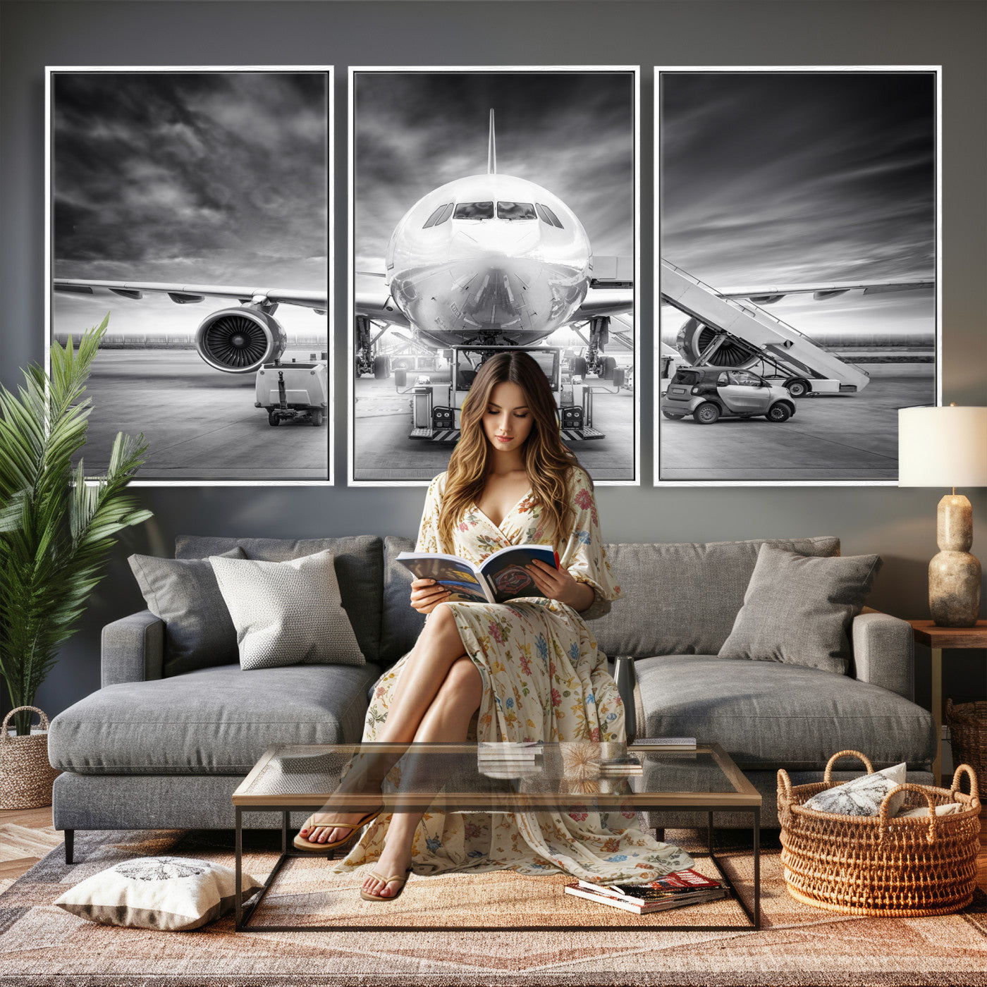 85885848-MGV-CV-36X24 - Airplane Wall Art Canvas Print, Black and White Jet Aircraft Airport Runway Framed Aviation Artwork for Pilot Office Hangar Travel Decor
