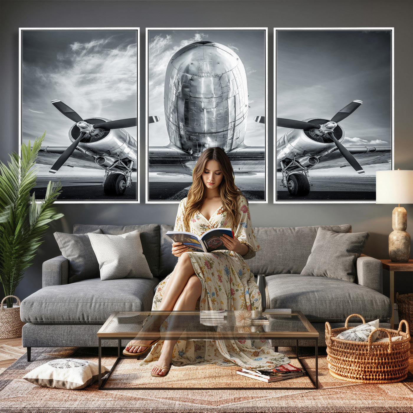 59729636-MGV-CV-36X24 - Vintage Propeller Plane Wall Art Canvas Print, Black and White Airplane Engine Close Up Framed Aviation Artwork for Pilot Office Hangar Decor