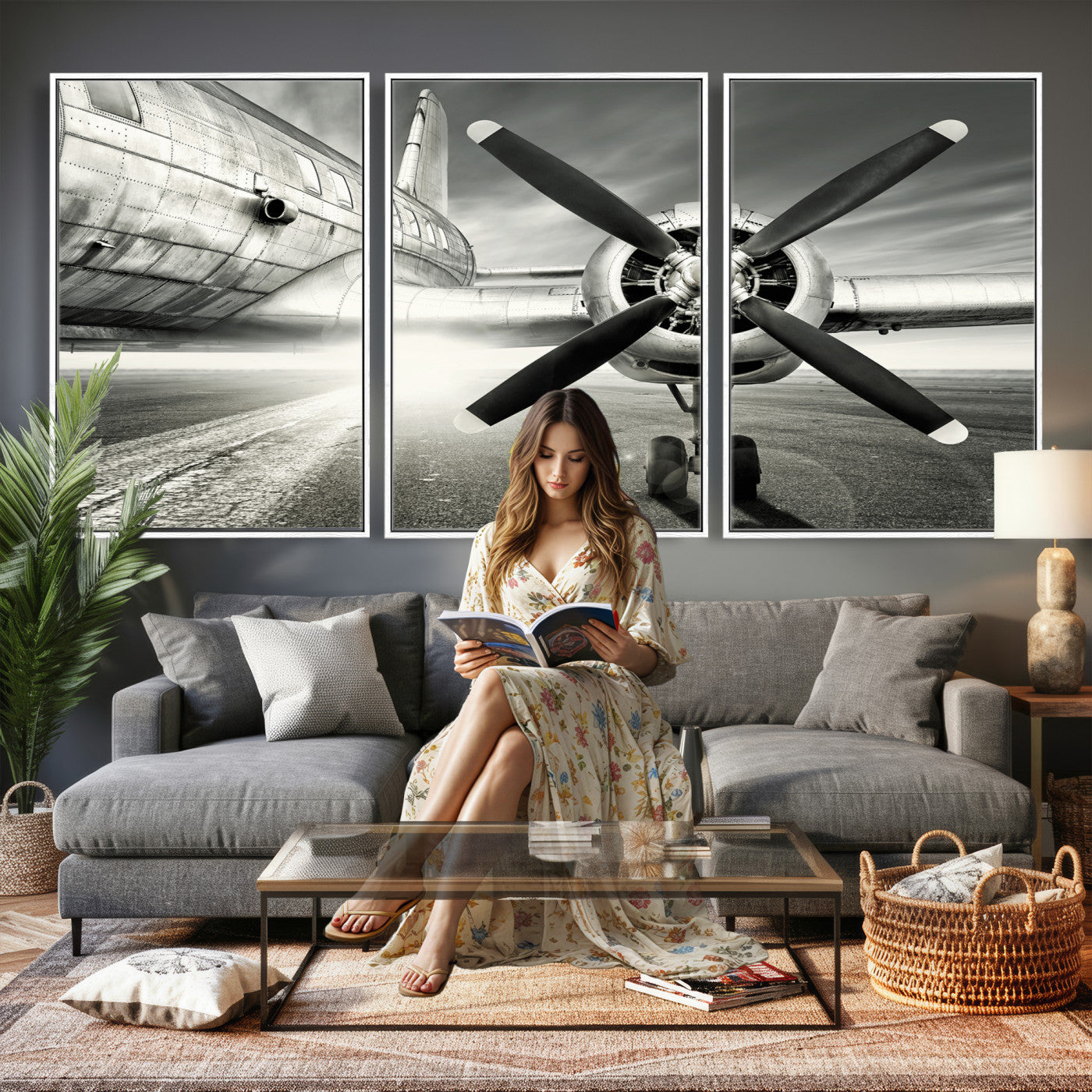 16420255-MGV-CV-36X24 - Vintage Airplane Wall Art Canvas Print, Black and White Propeller Aircraft Framed Aviation Artwork for Pilot Office Hangar Living Room Decor