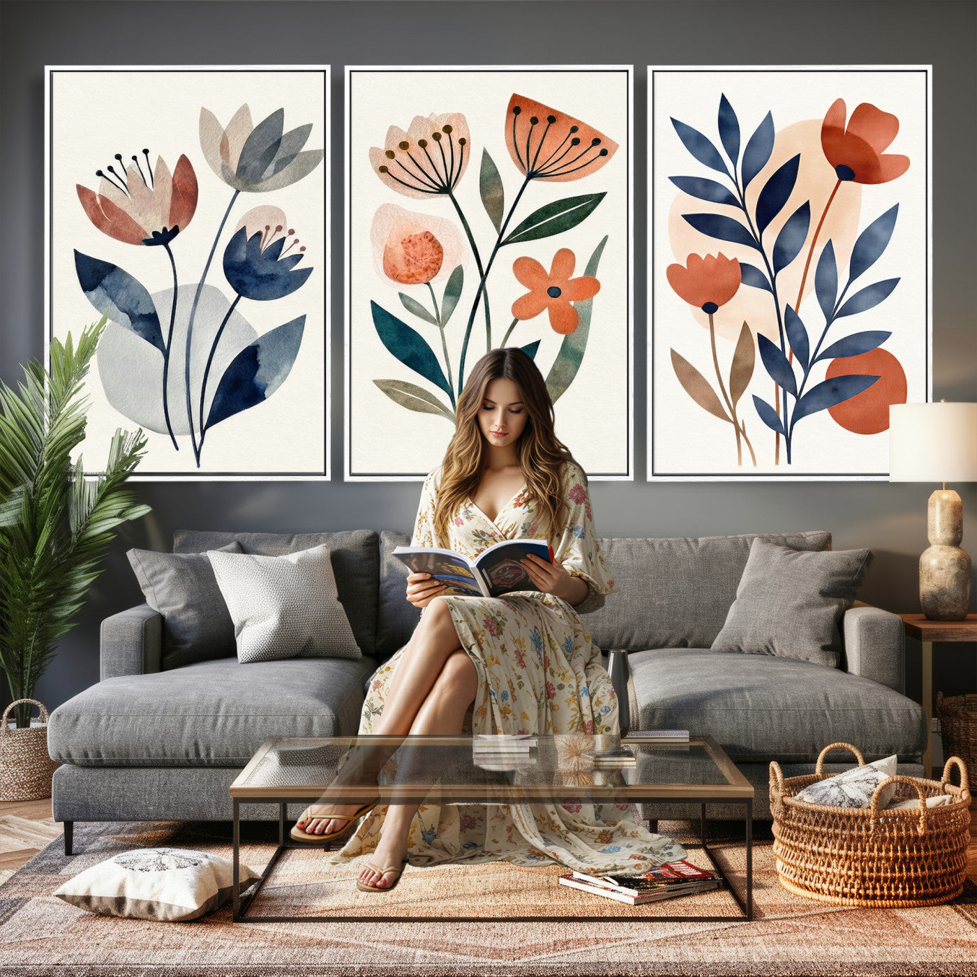 64426285-MGV-CV-60X30-3P - Watercolor Botanical Canvas Wall Art Set, Navy Terracotta Floral Triptych Print, Minimalist Flower Decor, Boho Living Room Art, Scandinavian Nature Print