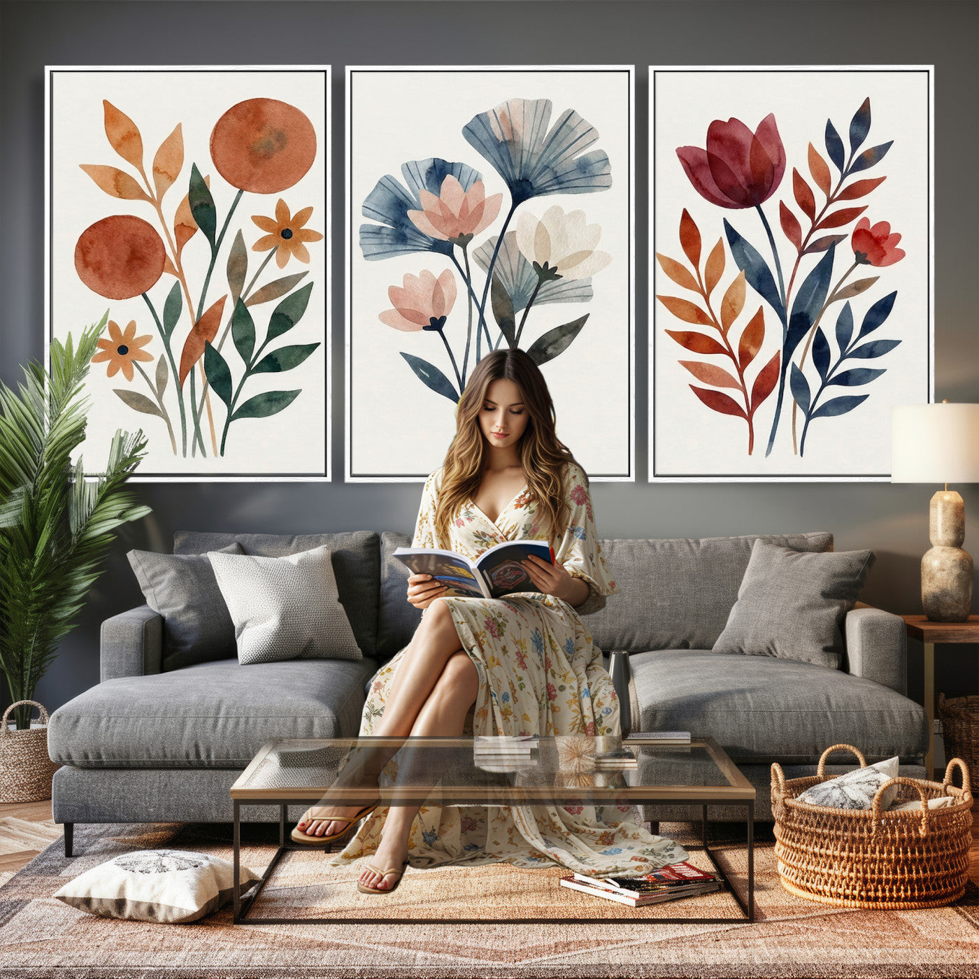 95190931-MGV-CV-60X30-3P - Watercolor Botanical Canvas Wall Art Set, Navy Terracotta Floral Triptych Print, Minimalist Flower Decor, Boho Living Room Art, Scandinavian Nature Print