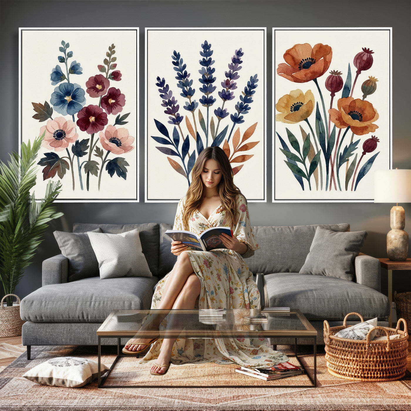 66468390-MGV-CV-60X30-3P - Watercolor Botanical Canvas Wall Art Set, Navy Terracotta Floral Triptych Print, Minimalist Flower Decor, Boho Living Room Art, Scandinavian Nature Print