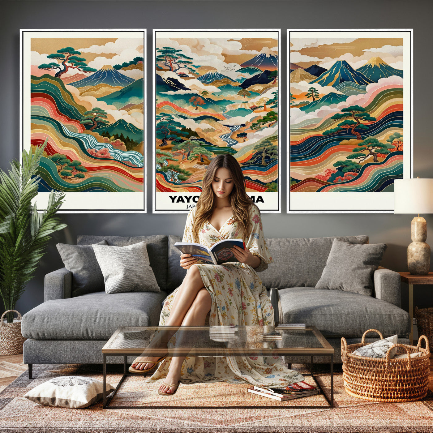 89903380-MGV-CV-60X30-3P - Japanese Grasslands Canvas Wall Art, Kusama Inspired Landscape Print, Colorful Japanese Nature Poster, Ukiyo-e Style Mountain Decor, Asian Art Print