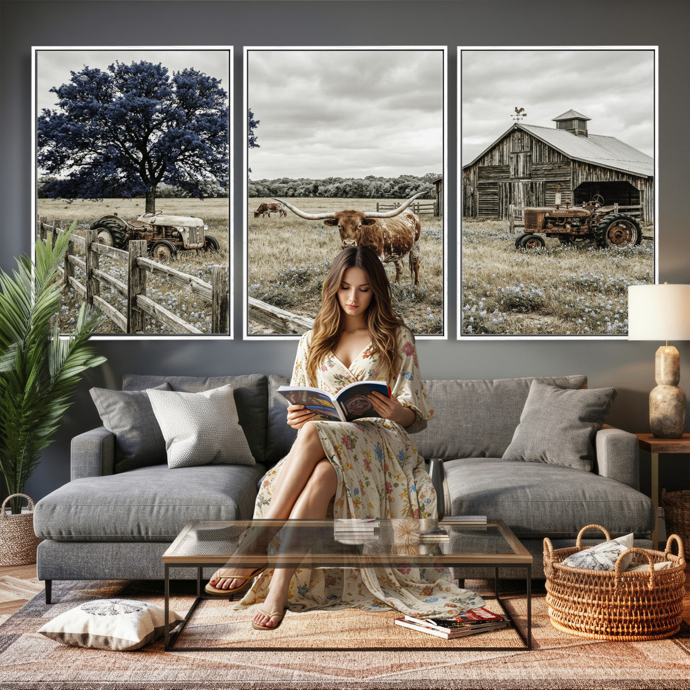 34049737-MGV-CV-60X30-3P - Texas Longhorn Canvas Wall Art, Rustic Farm Barn Bluebonnet Photography Print, Farmhouse Country Decor, Western Ranch Art, Old Truck Tractor Print