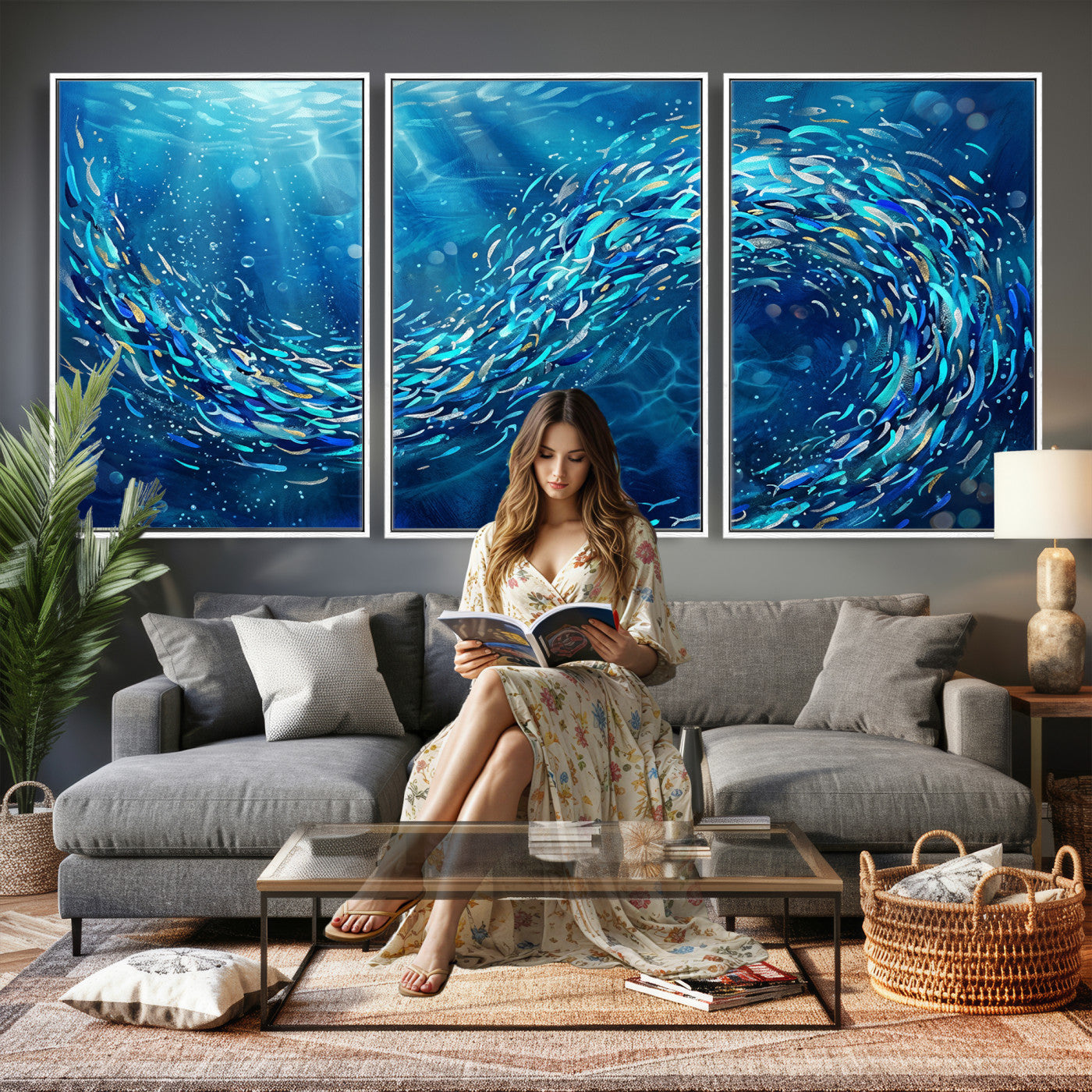 54535639-MGV-CV-36X24 - School of Fish Canvas Print | Blue Ocean Underwater Wall Art | Swirling Fish Shoal Illustration | Marine Navy Coastal Decor