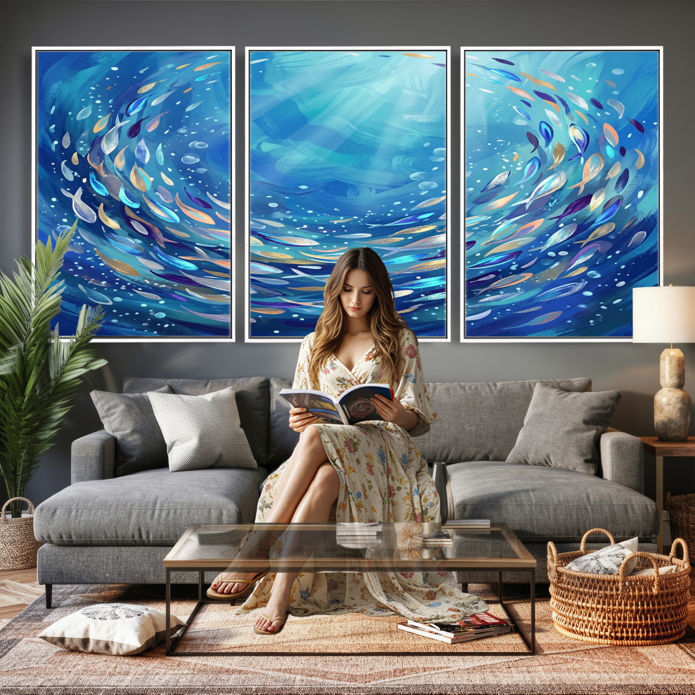 78699899-MGV-CV-36X24 - School of Fish Canvas Print | Blue Ocean Underwater Wall Art | Swirling Fish Shoal Illustration | Marine Navy Coastal Decor