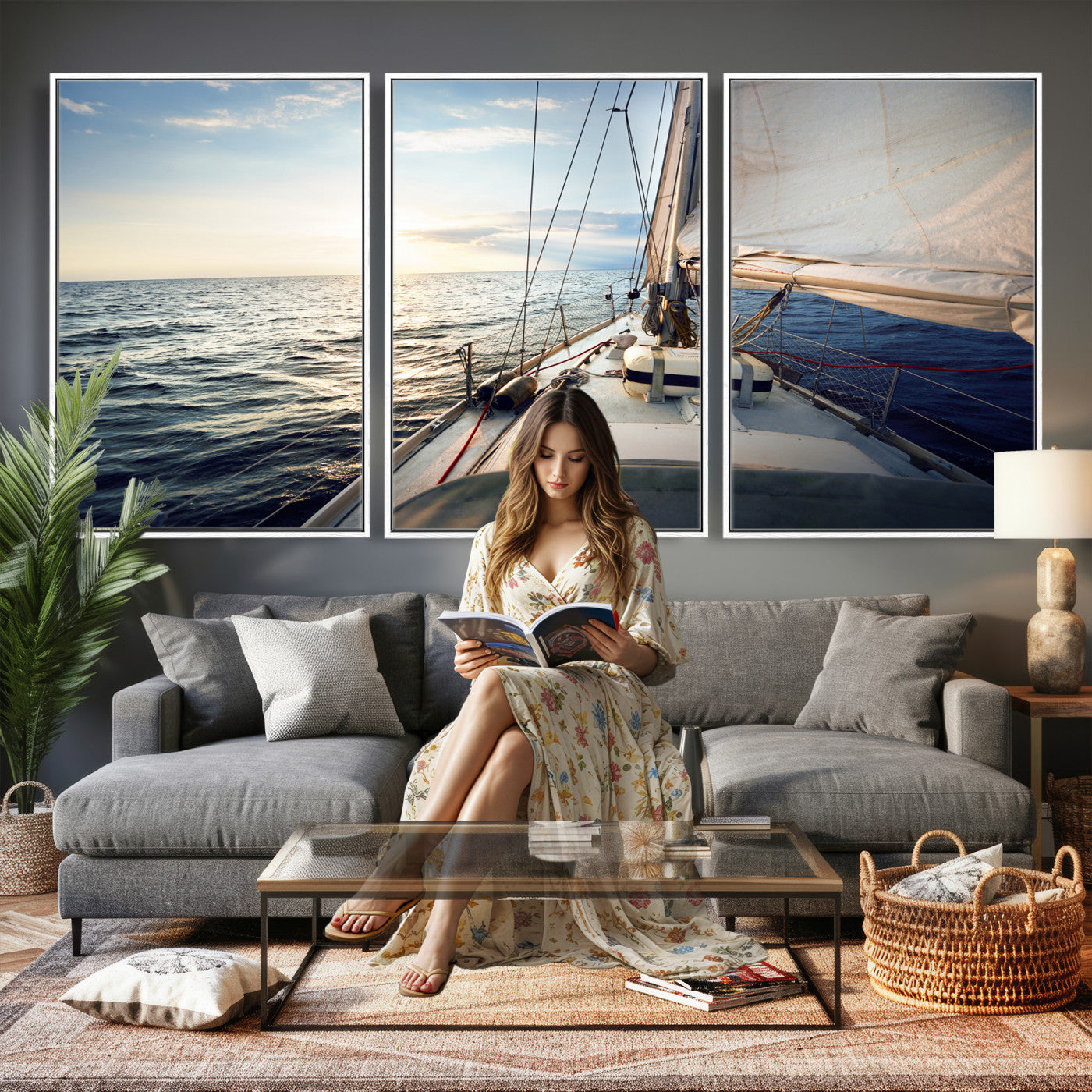 76381335-MGV-CV-36X24 - Sailboat Wall Art Canvas Print, Ocean Sunset Sailing Framed Artwork, Coastal Nautical Seascape Decor for Living Room Office Beach House