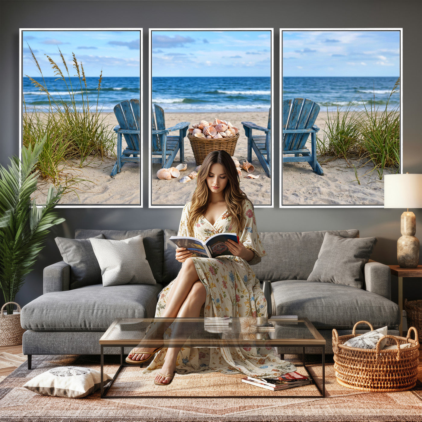 80268829-MGV-CV-36X24 - Large Beach Canvas Wall Art Coastal Adirondack Chairs Ocean Seashells Blue Nautical Framed Large for Living Room Bedroom Bathroom Decor