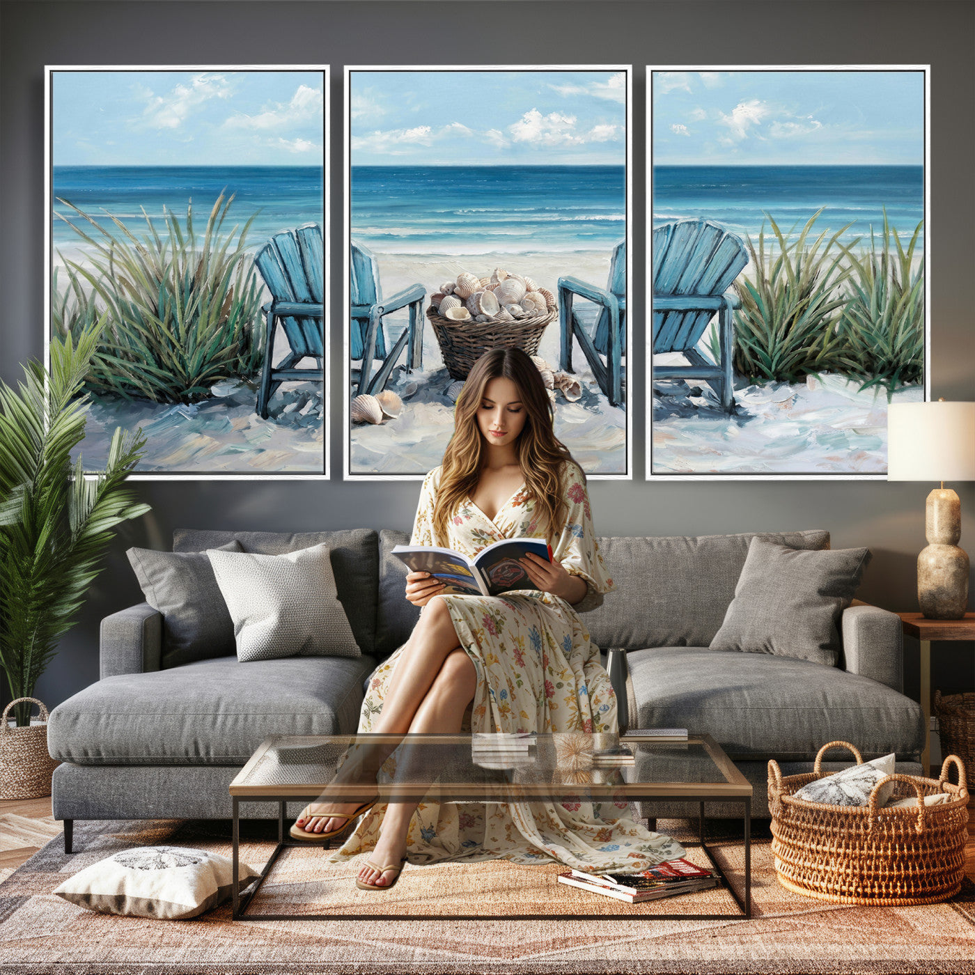 11973028-MGV-CV-36X24 - Beach Canvas Wall Art Coastal Adirondack Chairs Ocean Seashells Blue Nautical Framed Large for Living Room Bedroom Bathroom Decor