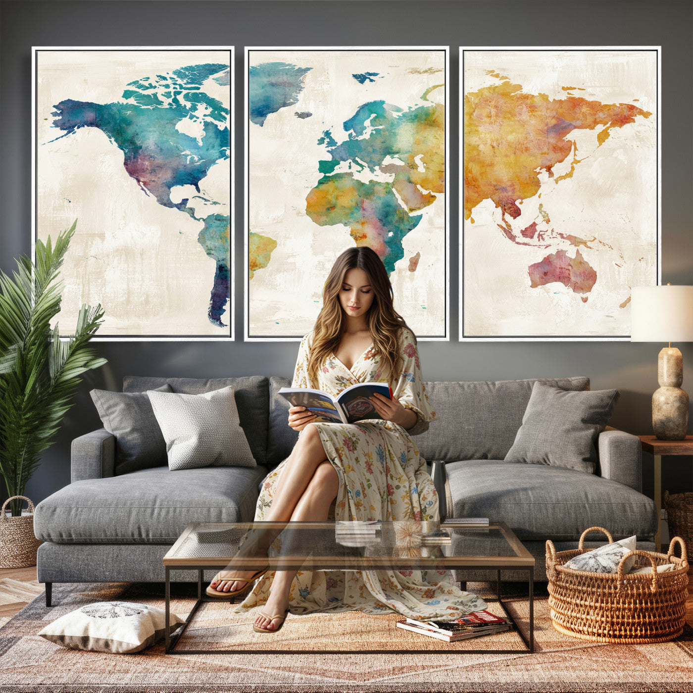56556018-MGV-CV-36X24 - Watercolor World Map Canvas Wall Art Print – Abstract Colorful Travel Wall Decor