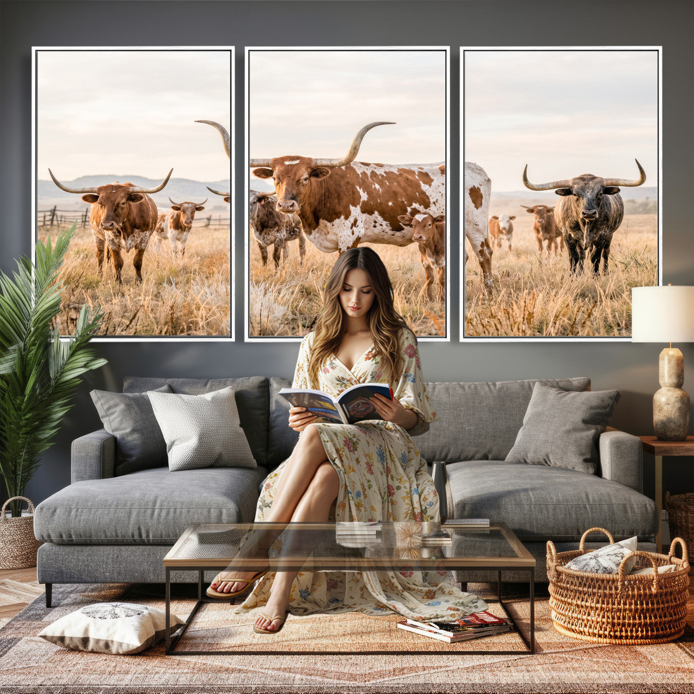 62336425AC-MGV-CV-36X24 - Texas Longhorn Canvas Wall Art, Rustic Farm Animal Photography Print, Farmhouse Country Decor, Western Ranch Art