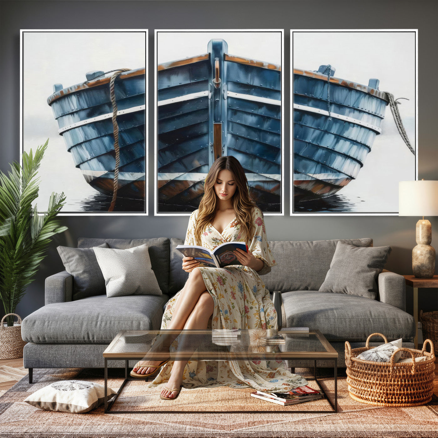 21601740-MGV-CV-36X24 - Blue Wooden Rowboat Canvas Wall Art, Coastal Nautical Boat Painting Print for Lake Beach House Decor, Minimalist Maritime Decor Artwork
