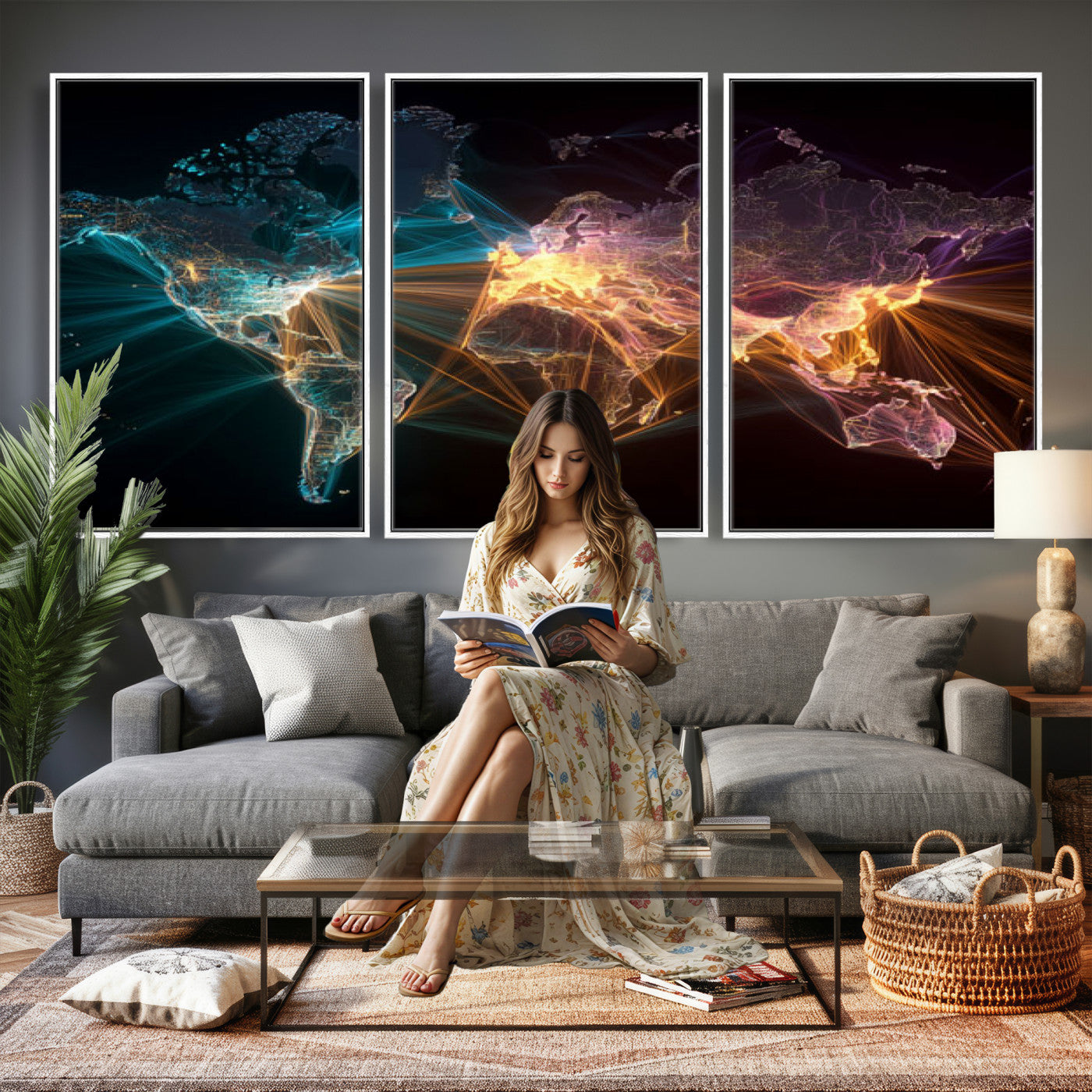 14891737-MGV-CV-36X24 - World Map and Global Flight Routes Map Canvas Wall Art, Worldwide Aviation Network Print, International Air Travel Wall Decor