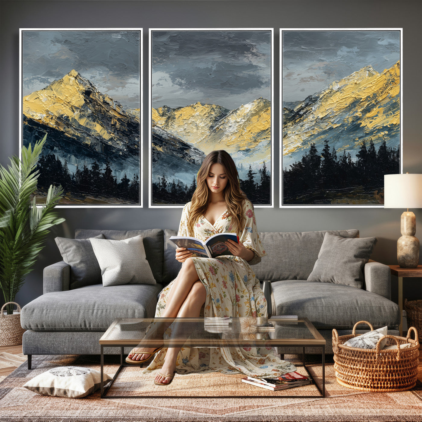 86912101-MGV-CV-48X32-3P - Abstract Mountain Wall Art Canvas Print Modern Landscape Painting Print