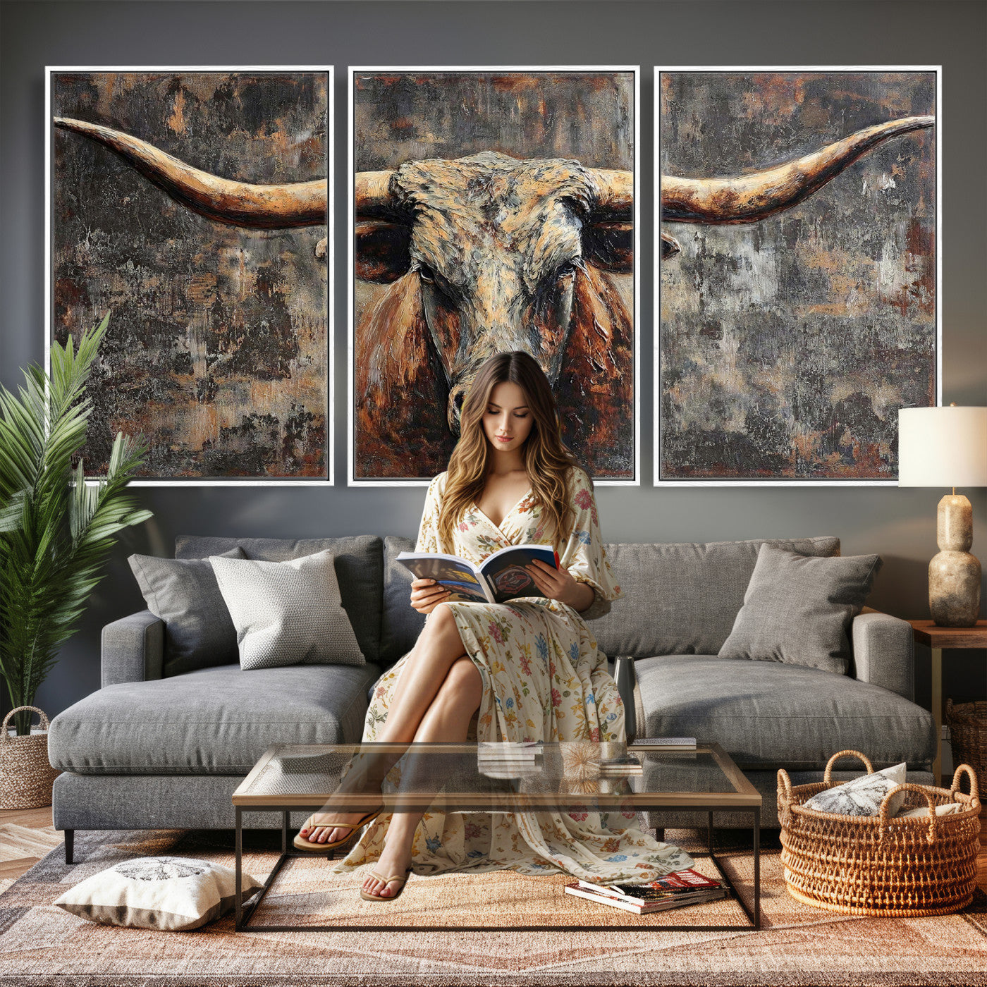 34202127RS-MGV-CV-60X30-3P - Texas Longhorn Skull Canvas Wall Art Rustic Western Decor Print