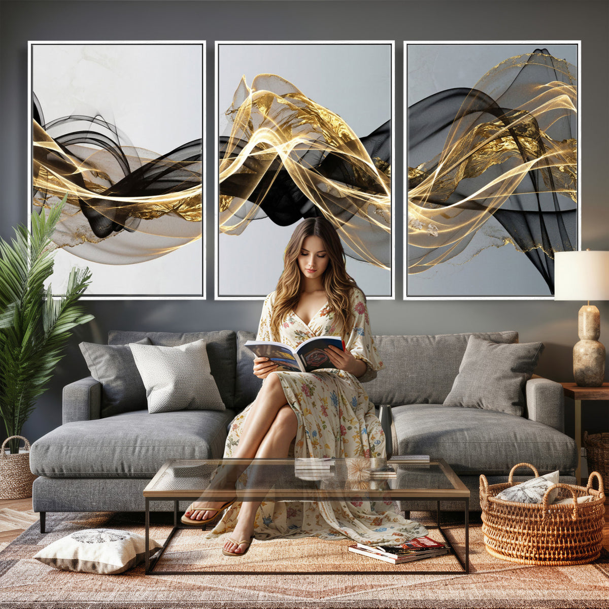 79483321DL-MGV-CV-36X24 - Black and Gold Abstract Wall Art, Modern Wave Canvas Print, Elegant Flowing Smoke Art, Luxury Living Room Decor