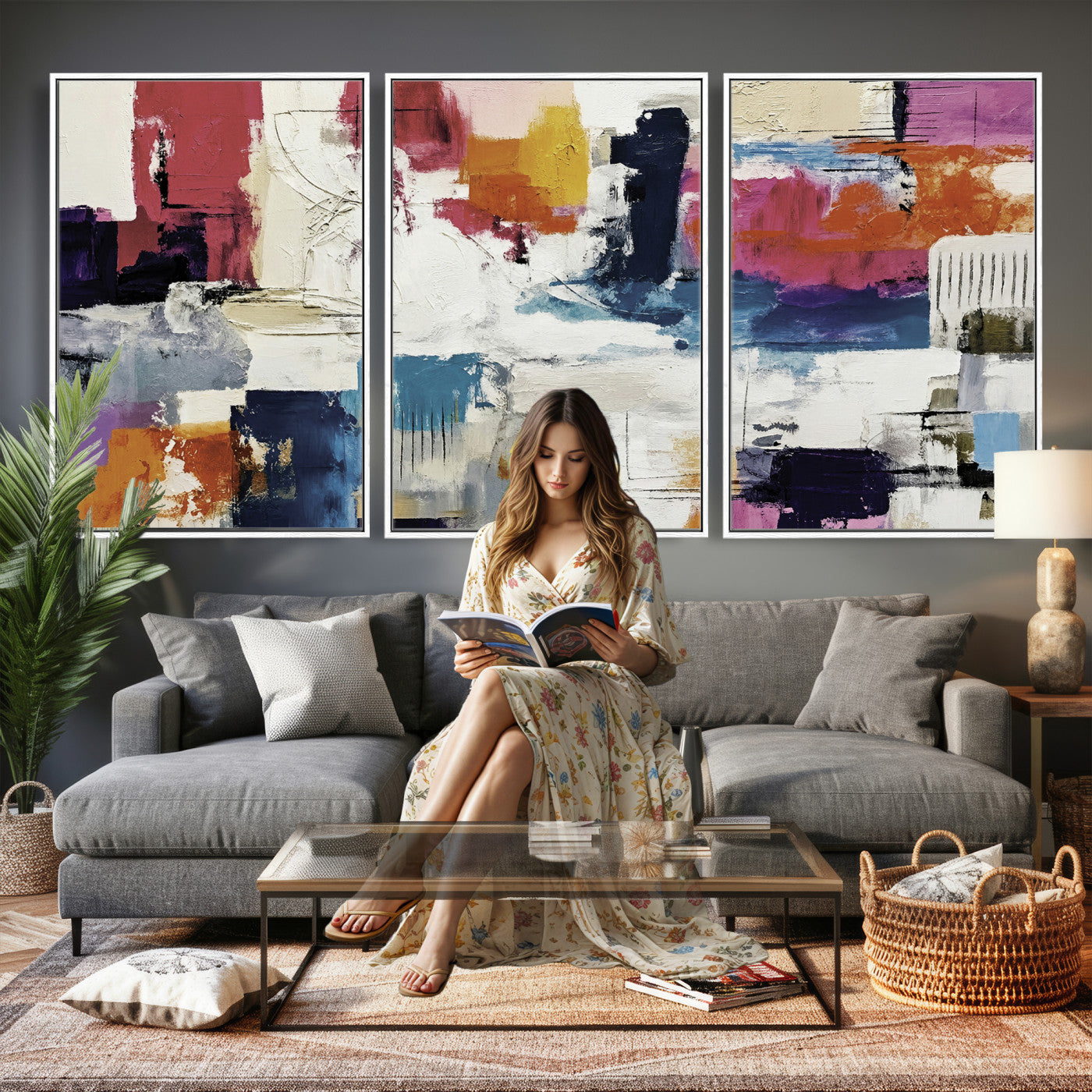 57864023-MGV-CV-36X24 - Blue Teal Abstract Canvas Wall Art, Modern Textured Painting Print, Navy Orange White Contemporary Art, Neutral Living Room Decor, Office Art