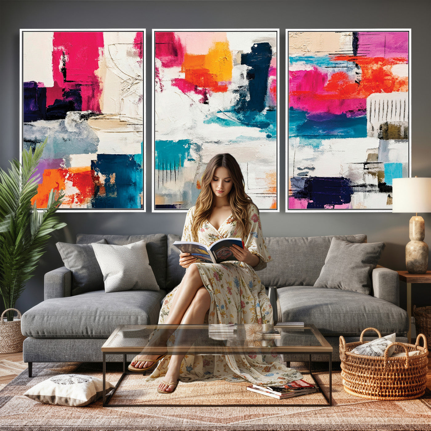57864023-MGV-CV-36X24 - Blue Teal Abstract Canvas Wall Art | Modern Textured Painting Print, Navy Orange White Contemporary Art, Neutral Living Room Decor, Office Art