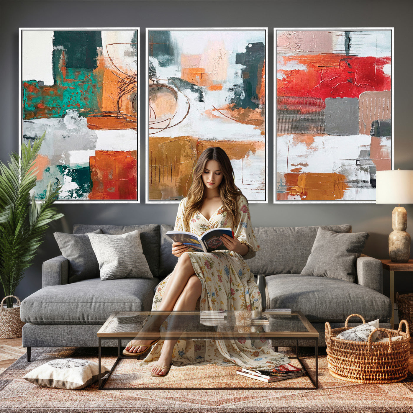 50720312-MGV-CV-36X24 - Blue Teal Abstract Canvas Wall Art | Modern Textured Painting Print, Navy Orange White Contemporary Art, Neutral Living Room Decor, Office Art.
