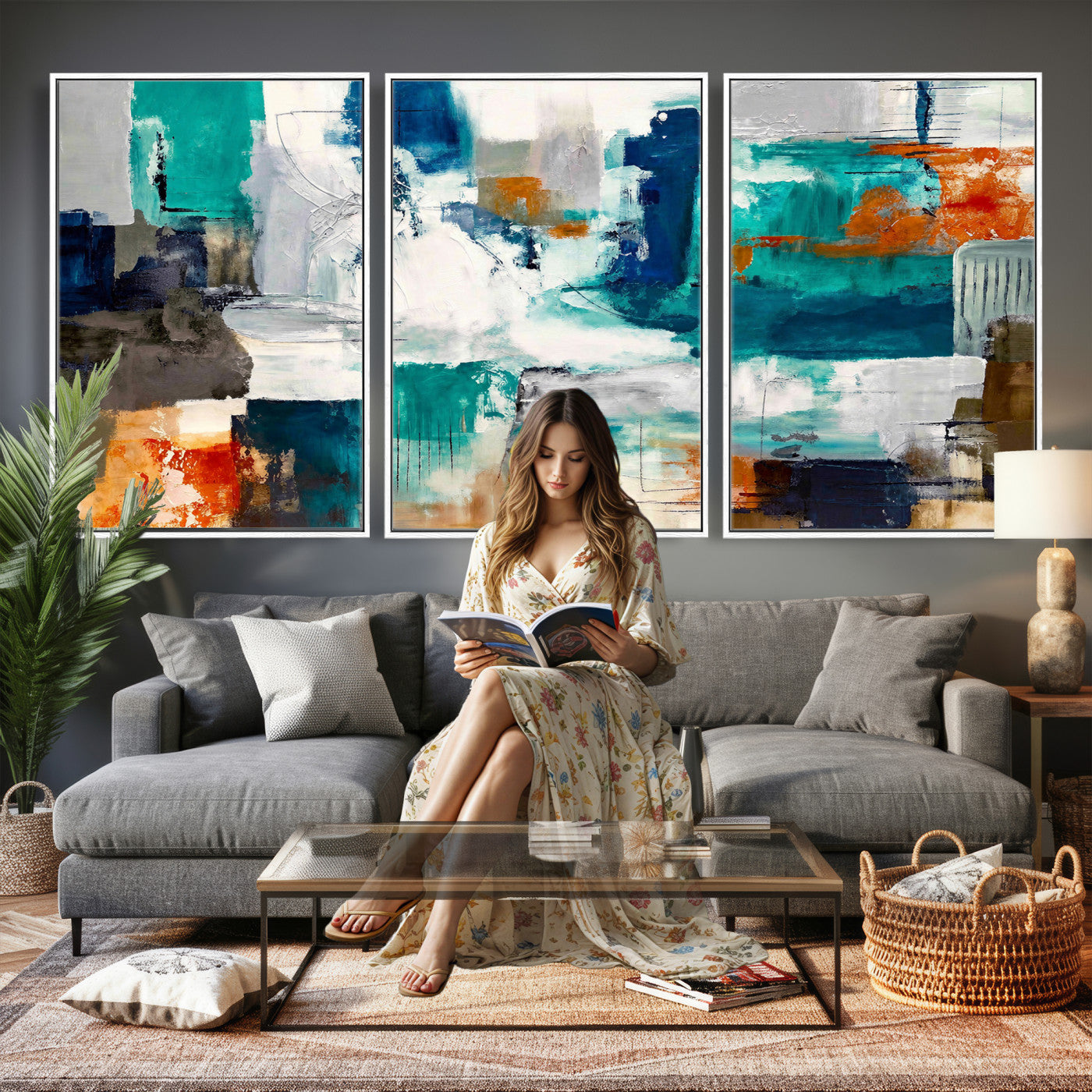 44038089-MGV-CV-36X24 - Blue Teal Abstract Canvas Wall Art, Modern Textured Painting Print, Navy Orange White Contemporary Art, Neutral Living Room Decor, Office Art