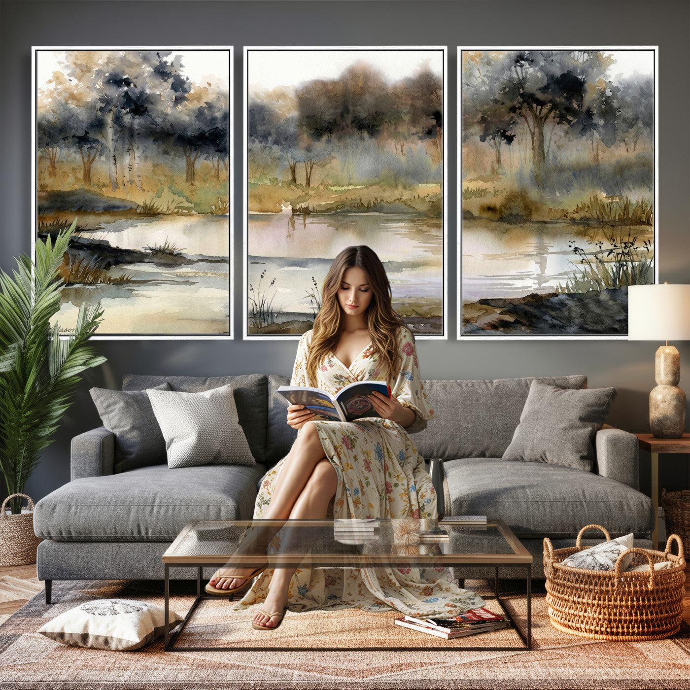 27383609-MGV-CV-36X24 - Abstract Watercolor Autumn Lake Canvas Wall Art Print - Misty Forest Landscape, Rustic Nature Painting, Cabin Wall Decor - Ready to Hang