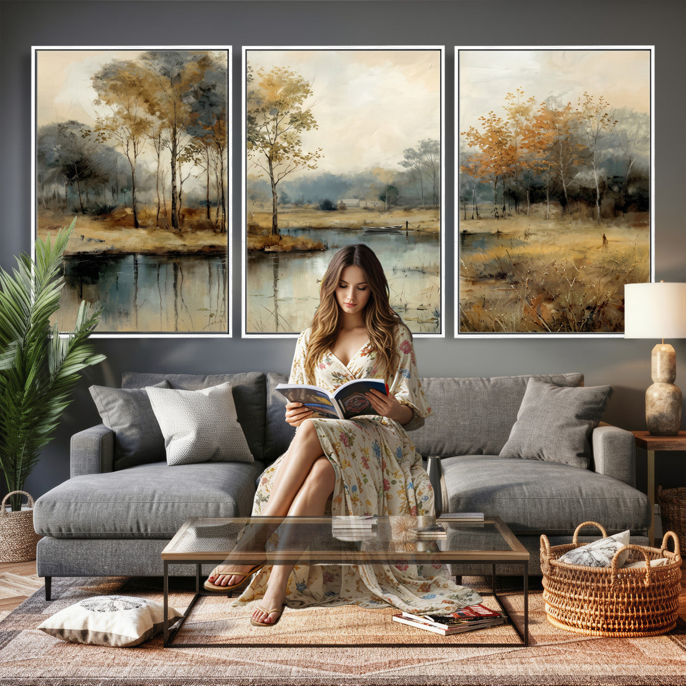 74391095-MGV-CV-36X24 - Abstract WatercolorAutumn Lake Canvas Wall Art Print, Misty Forest Landscape, Rustic Nature Painting, Cabin Wall Decor | Ready to Hang