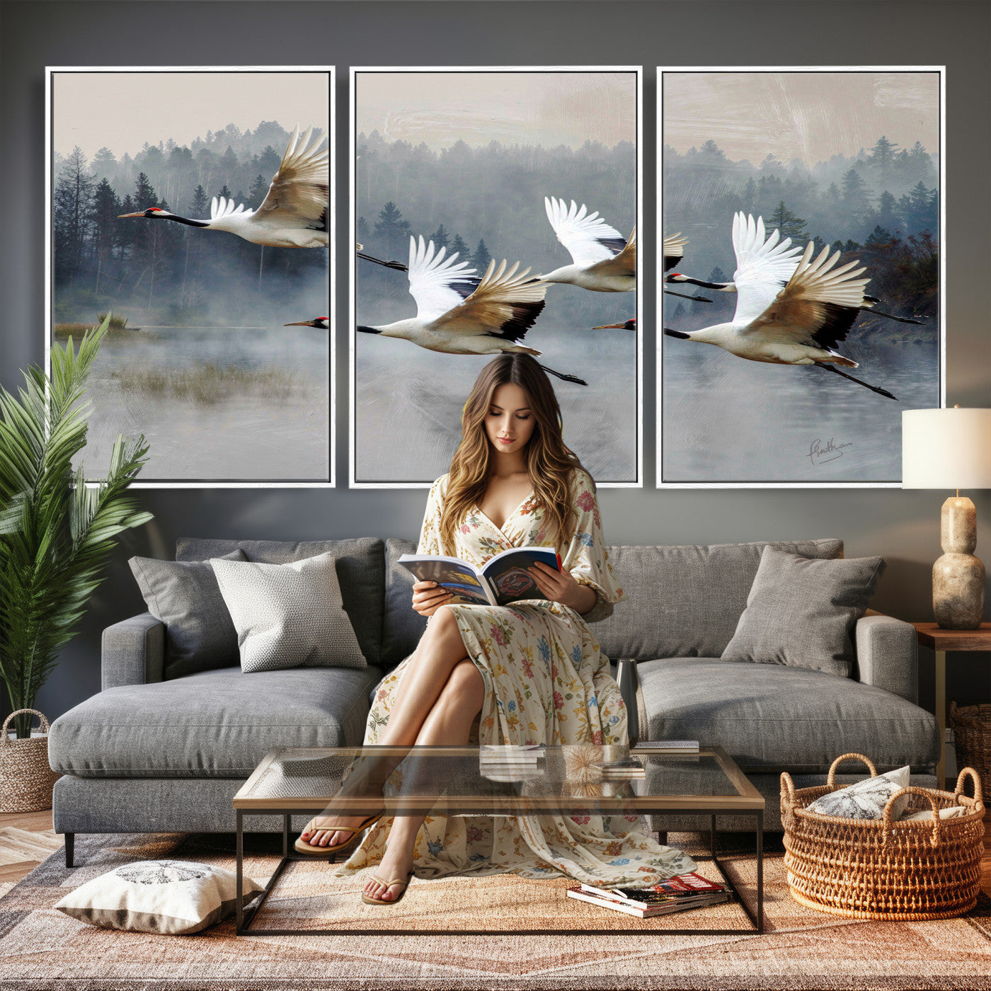24356826-MGV-CV-36X24 - Flying Crane Canvas Wall Art Print, White Crane Bird Artwork, Wildlife Nature Decor, Lake Landscape Canvas, Ready to Hang