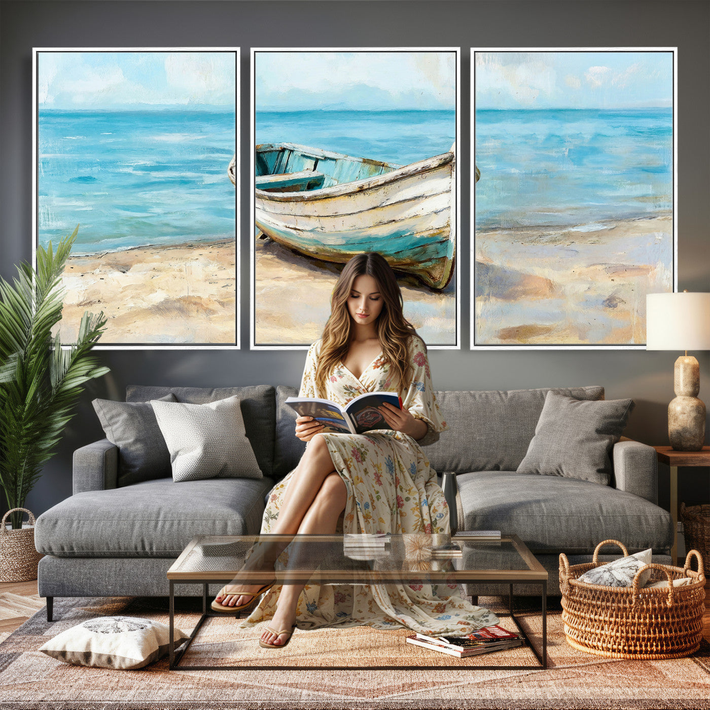 14780565-MGV-CV-36X24 - Coastal Boat Canvas Wall Art Print, Beach Boat Painting, Nautical Ocean Decor, Seascape Wall Art, Ready to Hang
