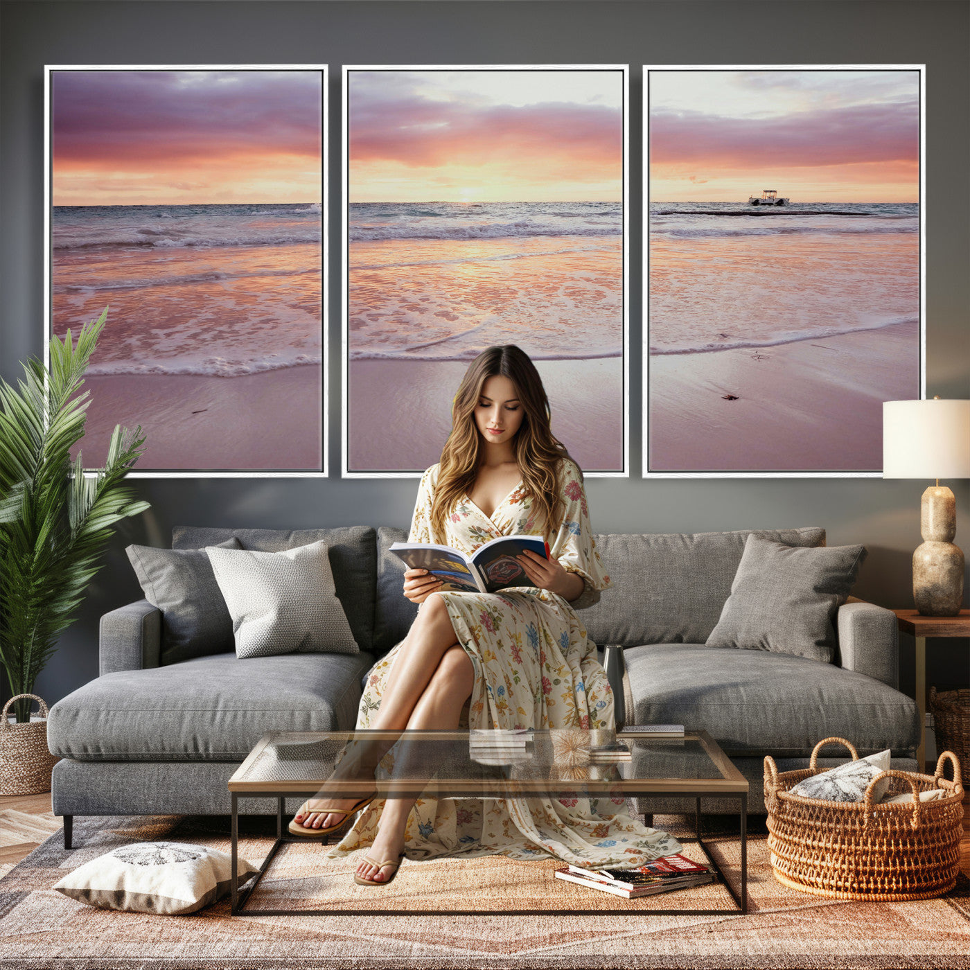 44765395-MGV-CV-36X24 - Beach Sunset Canvas Wall Art Print - Ocean Waves Landscape, Coastal Photography, Seascape Wall Decor, Ready to Hang