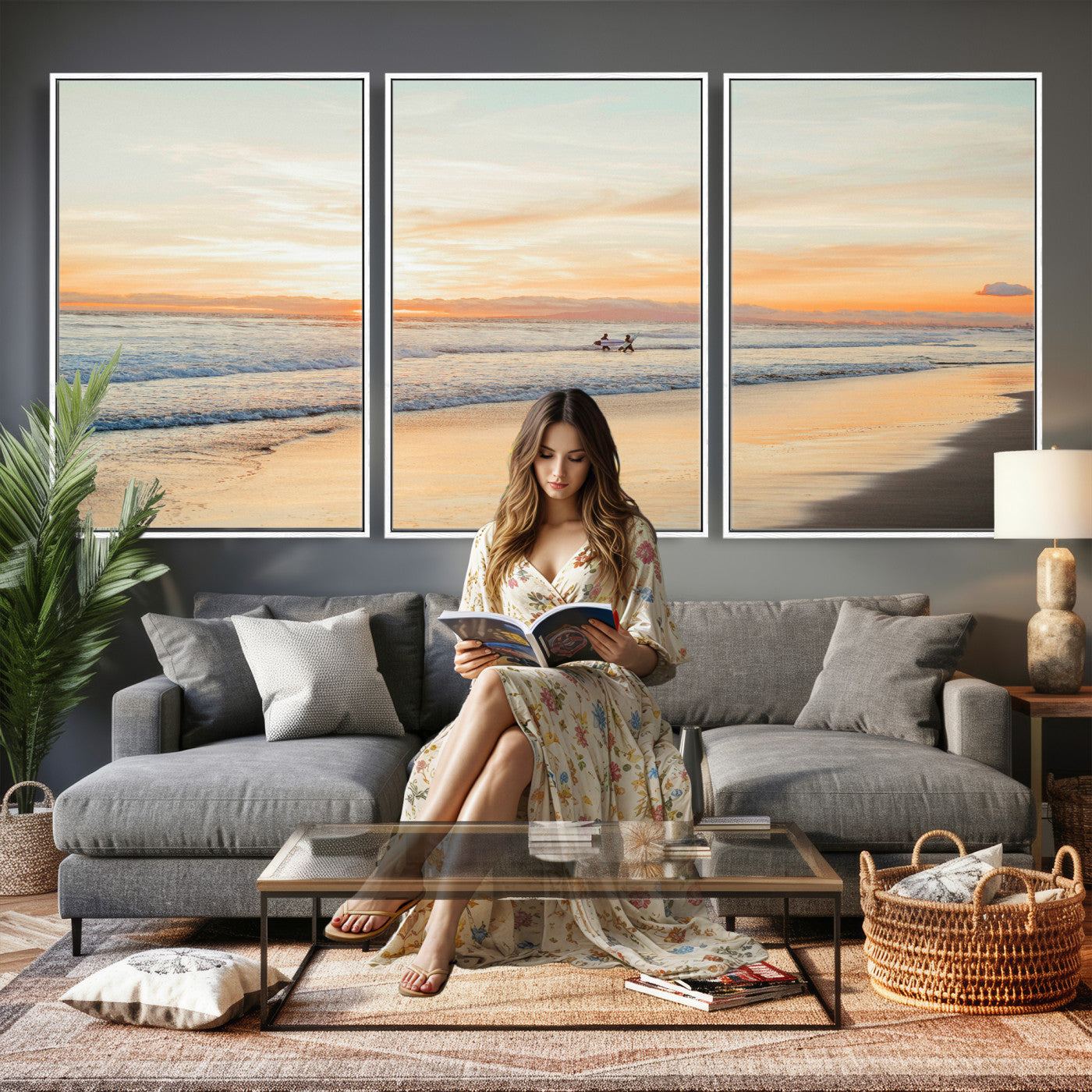 38131619-MGV-CV-36X24 - Beach Sunset Canvas Wall Art Print | Ocean Waves Landscape, Coastal Photography, Seascape Wall Decor, Ready to Hang